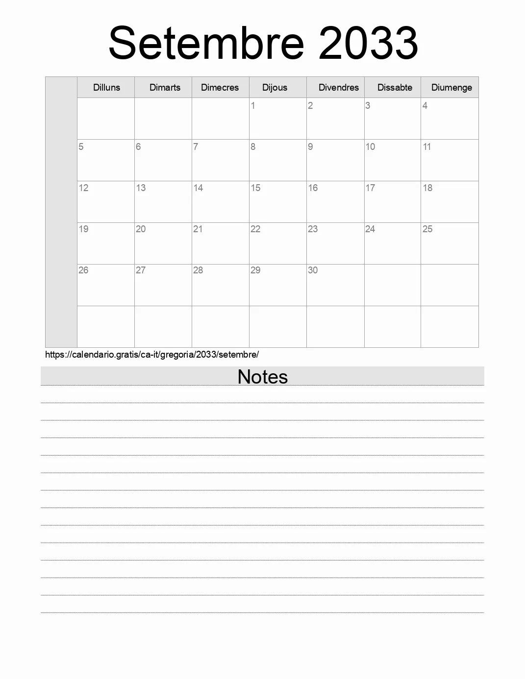 Calendari de Setembre 2033 per imprimir amb notes. (Itàlia)