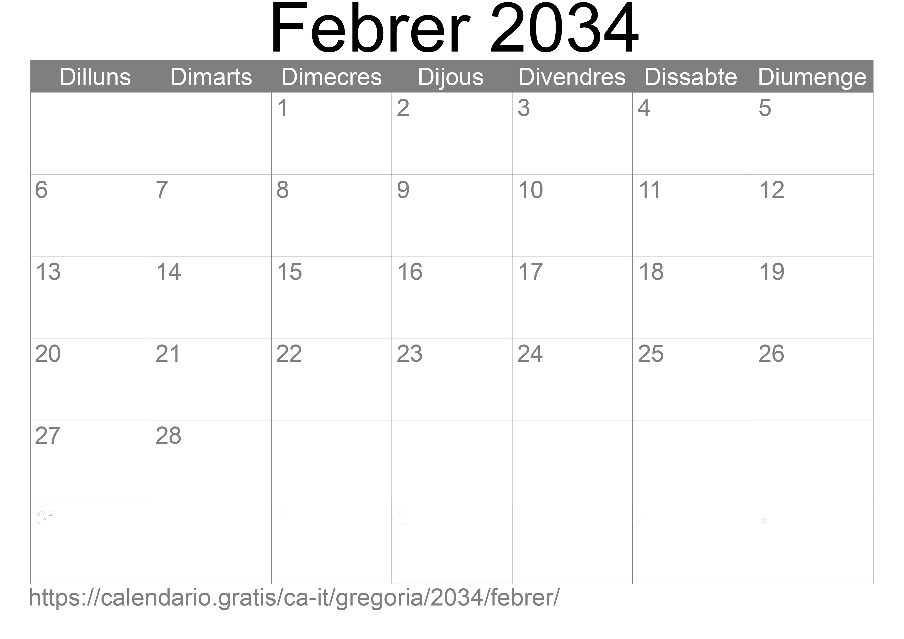 Calendari Febrer 2034 per imprimir (Itàlia) Calendari Febrer 2034 per imprimir (Itàlia)