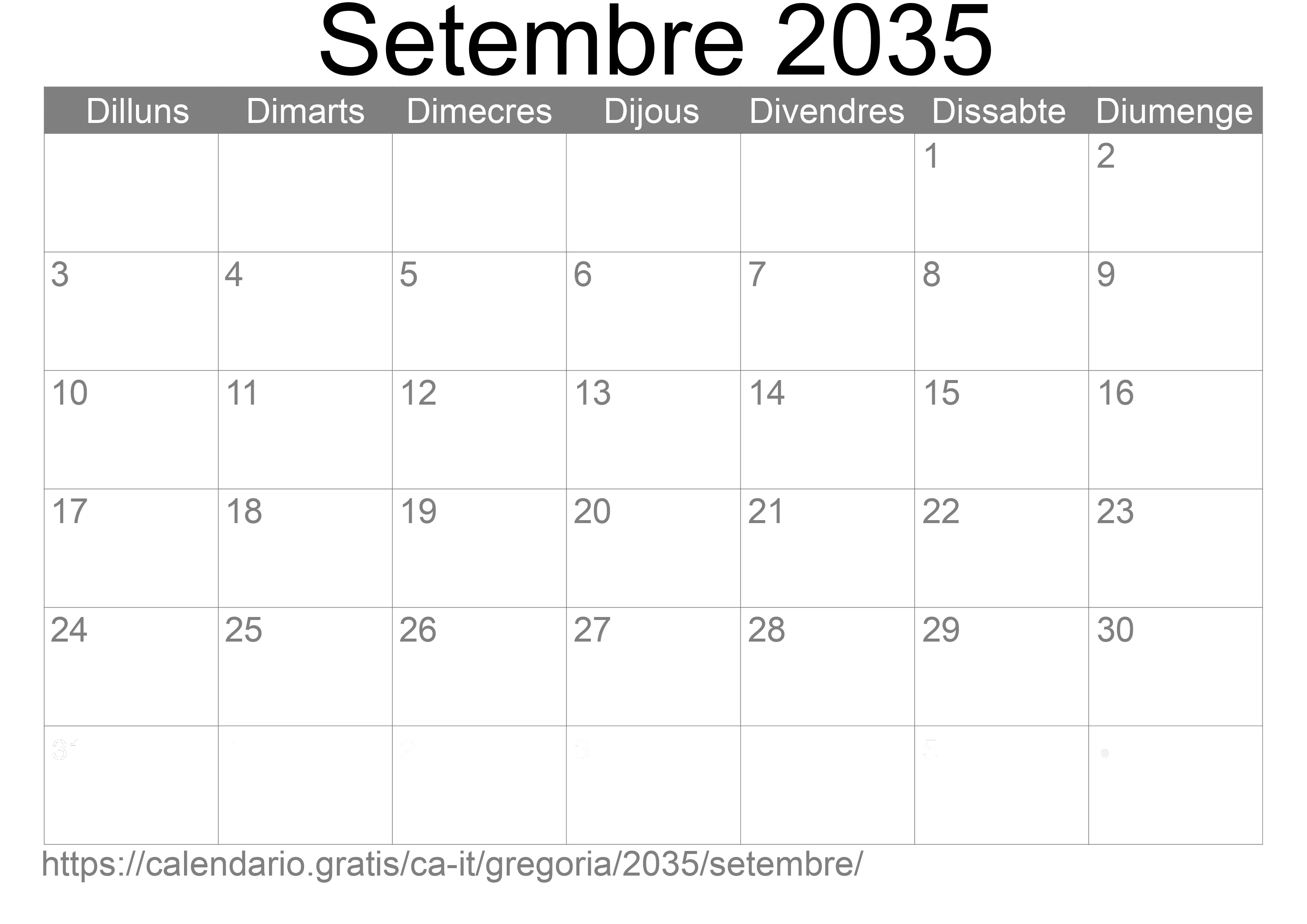 Calendari Setembre 2035 per imprimir (Itàlia)