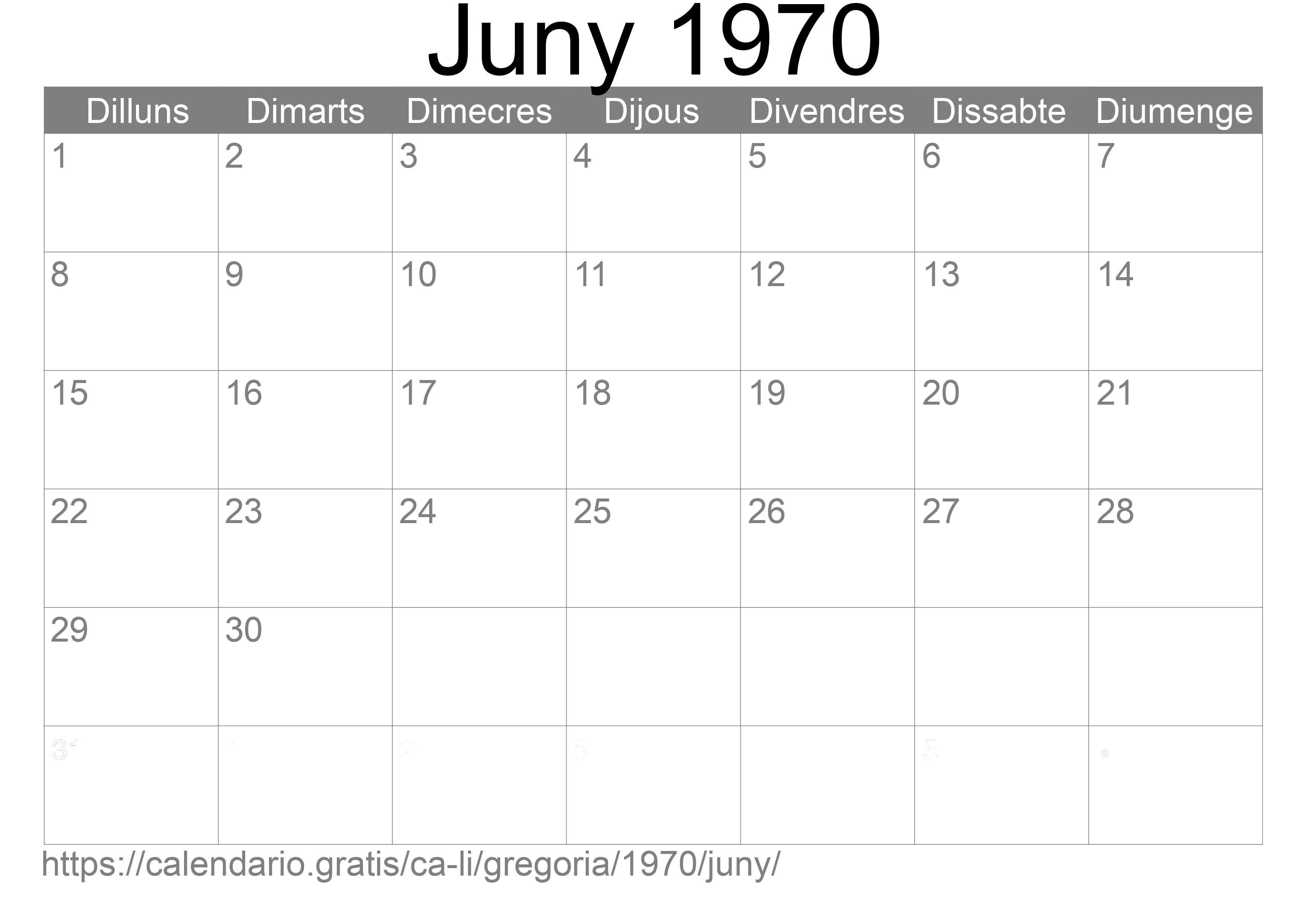 Calendari Juny 1970 per imprimir (Liechtenstein)