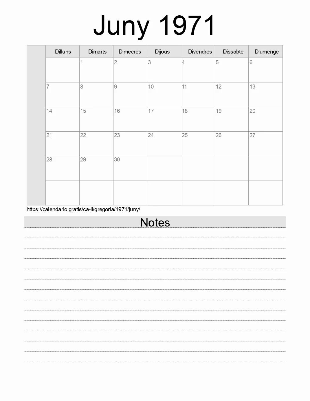 Calendari de Juny 1971 per imprimir amb notes. (Liechtenstein)