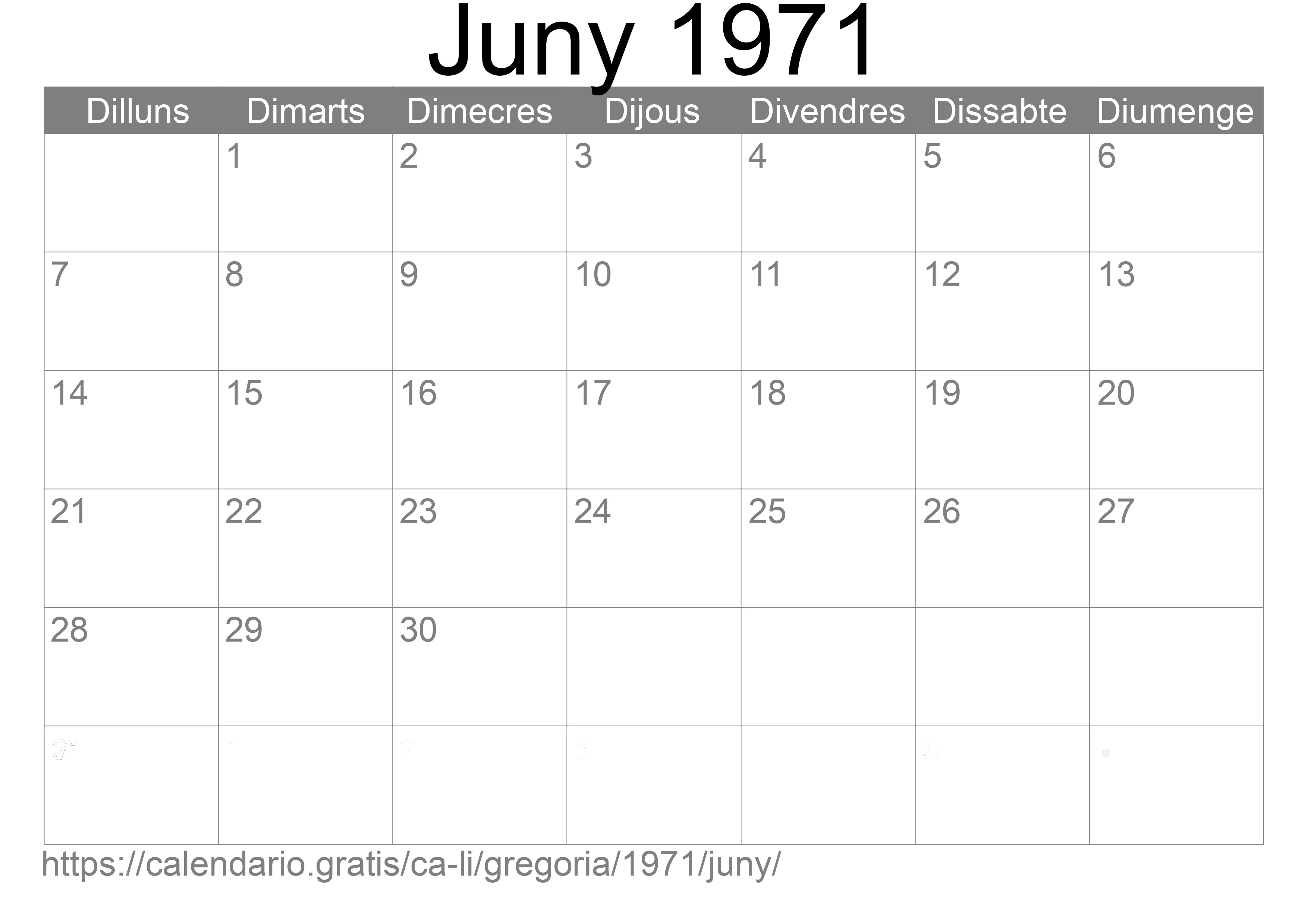 Calendari Juny 1971 per imprimir (Liechtenstein)