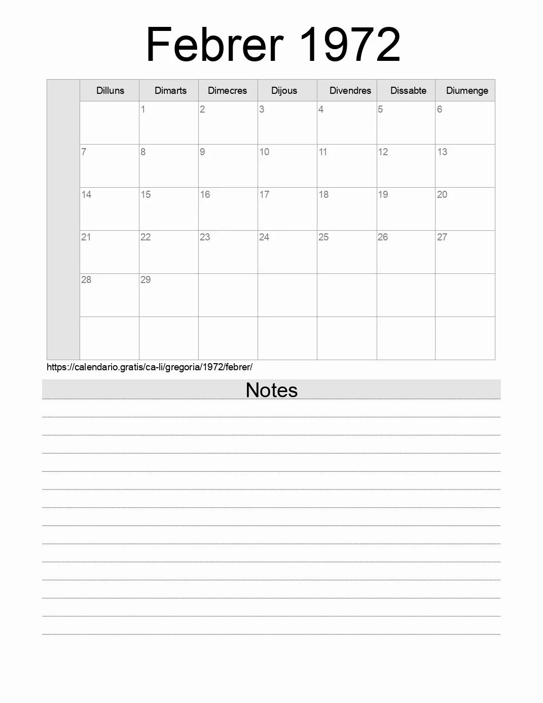 Calendari de Febrer 1972 per imprimir amb notes. (Liechtenstein)