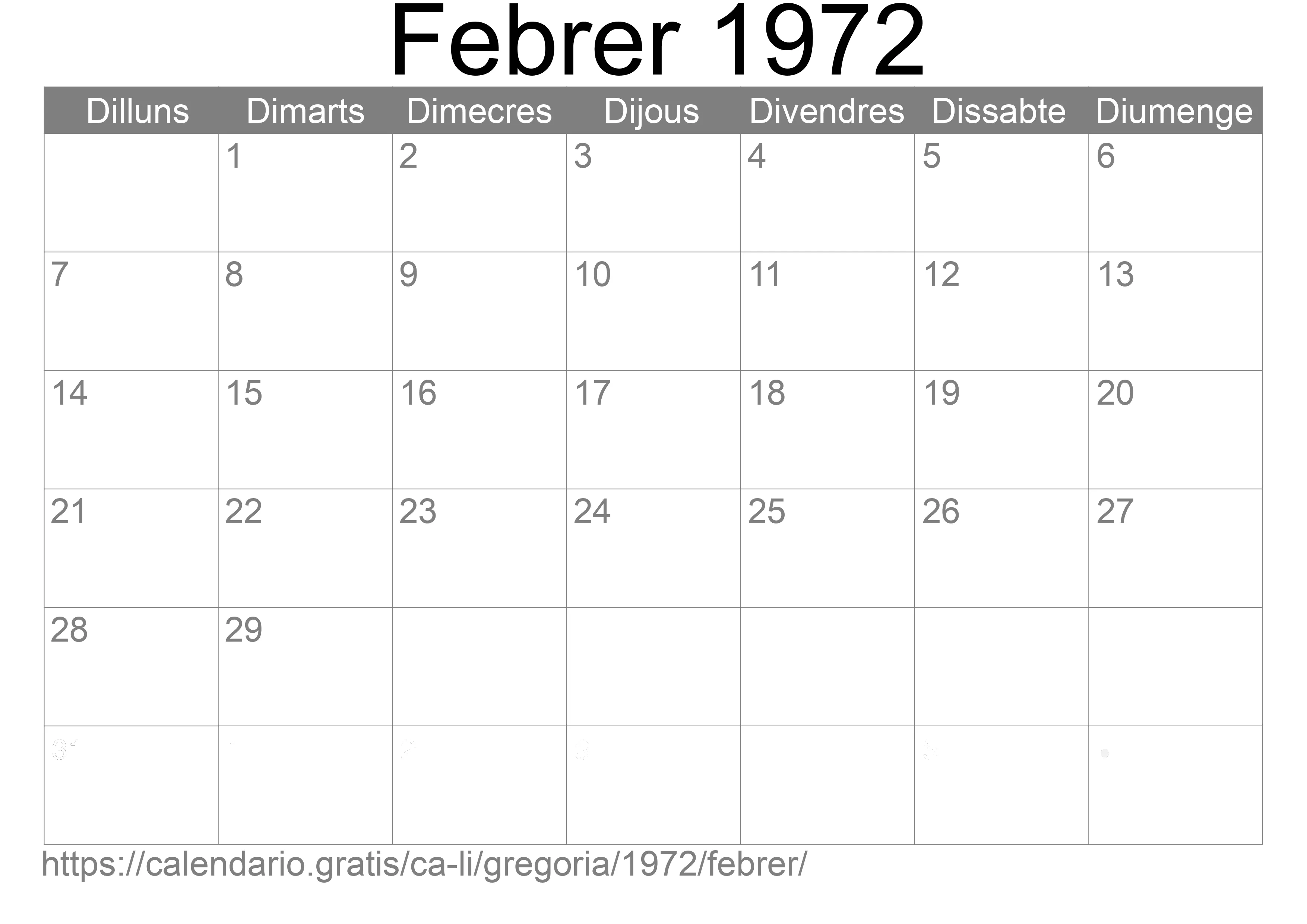 Calendari Febrer 1972 per imprimir (Liechtenstein)