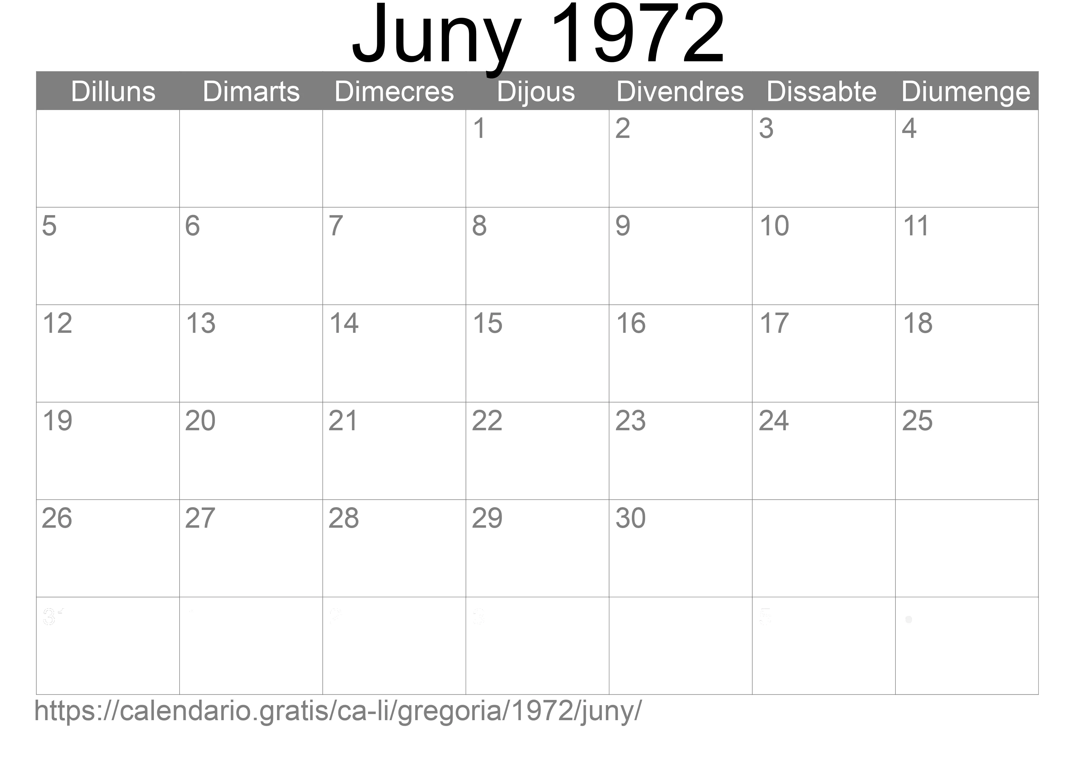 Calendari Juny 1972 per imprimir (Liechtenstein)