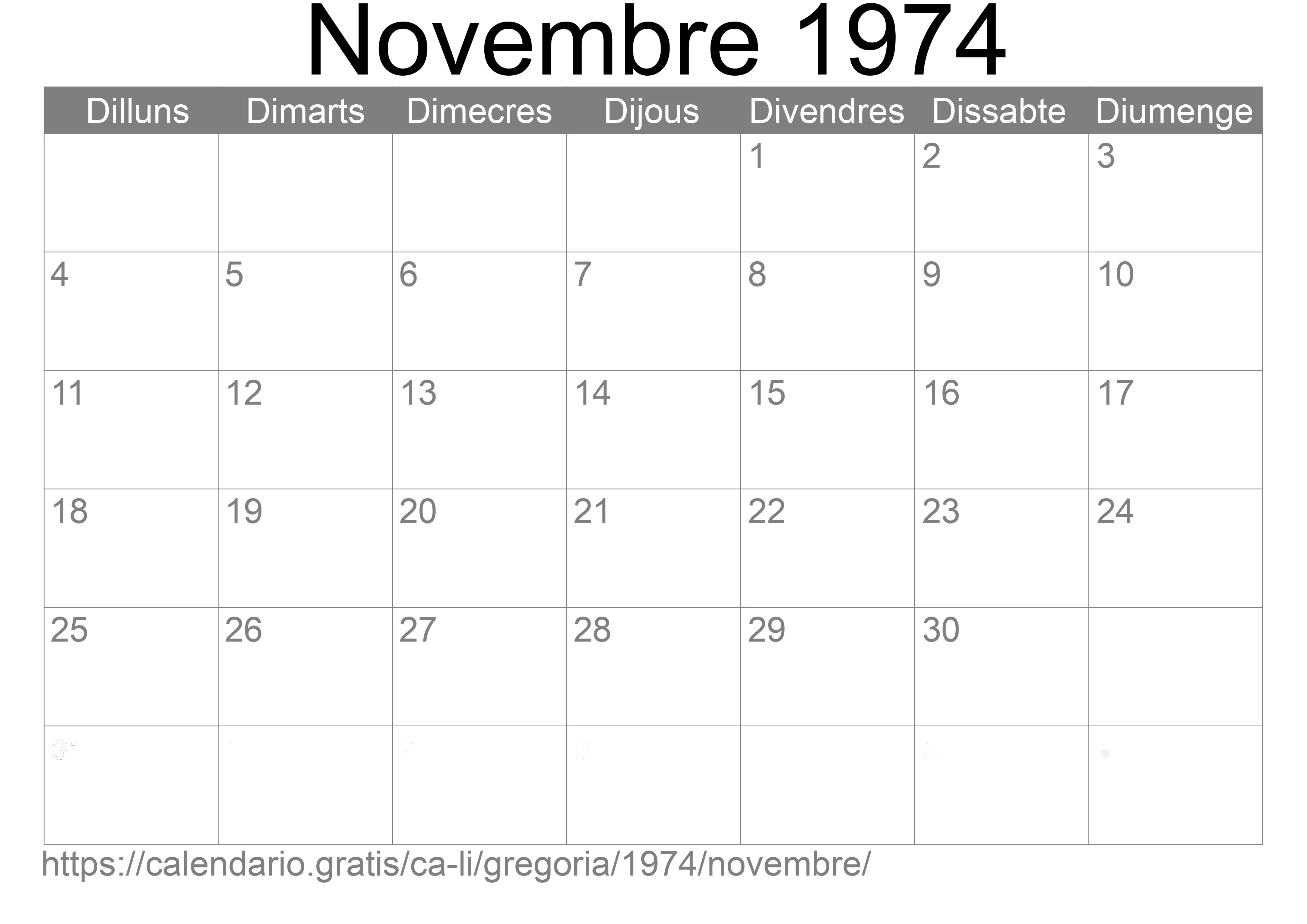 Calendari Novembre 1974 per imprimir (Liechtenstein)