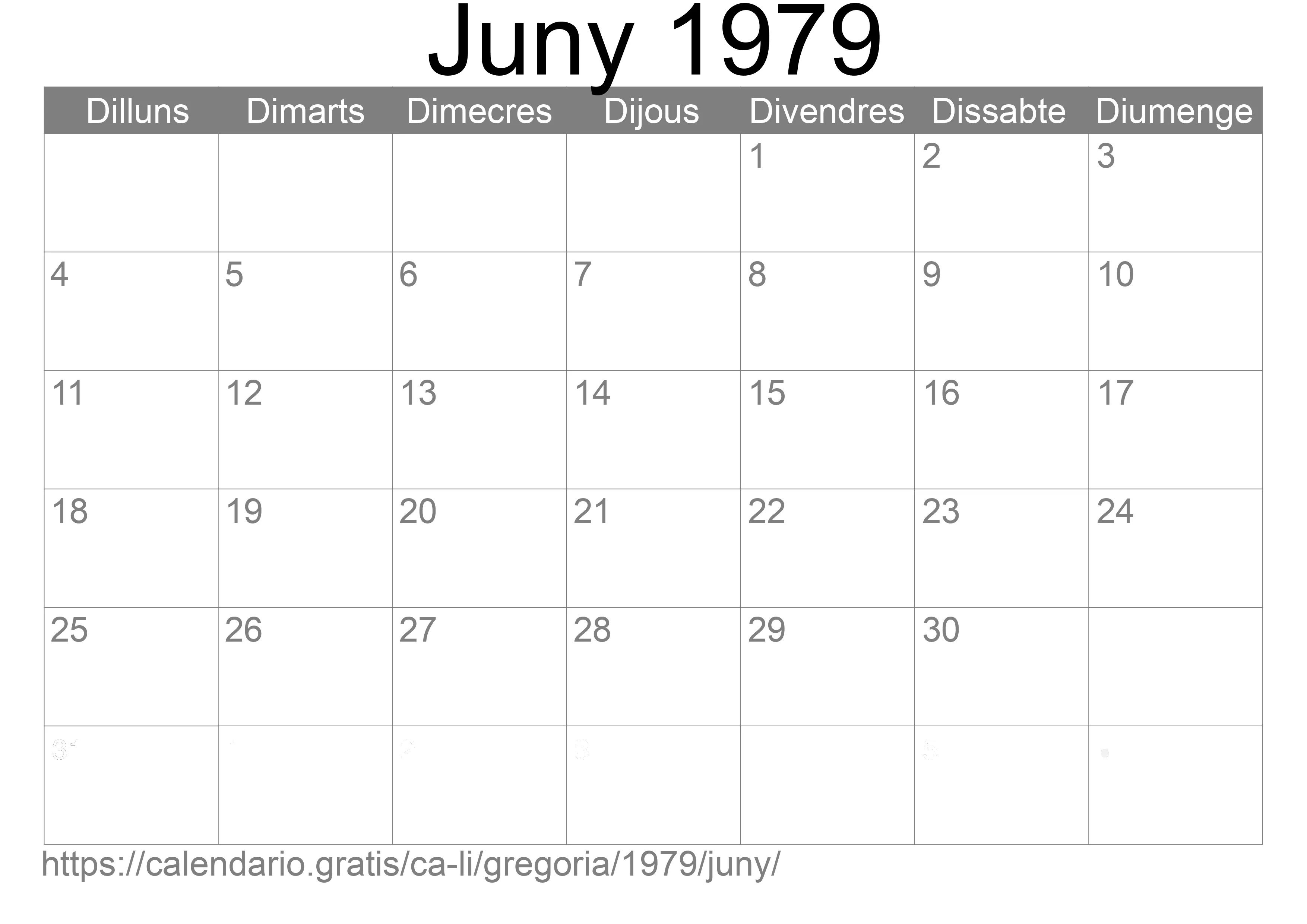 Calendari Juny 1979 per imprimir (Liechtenstein)