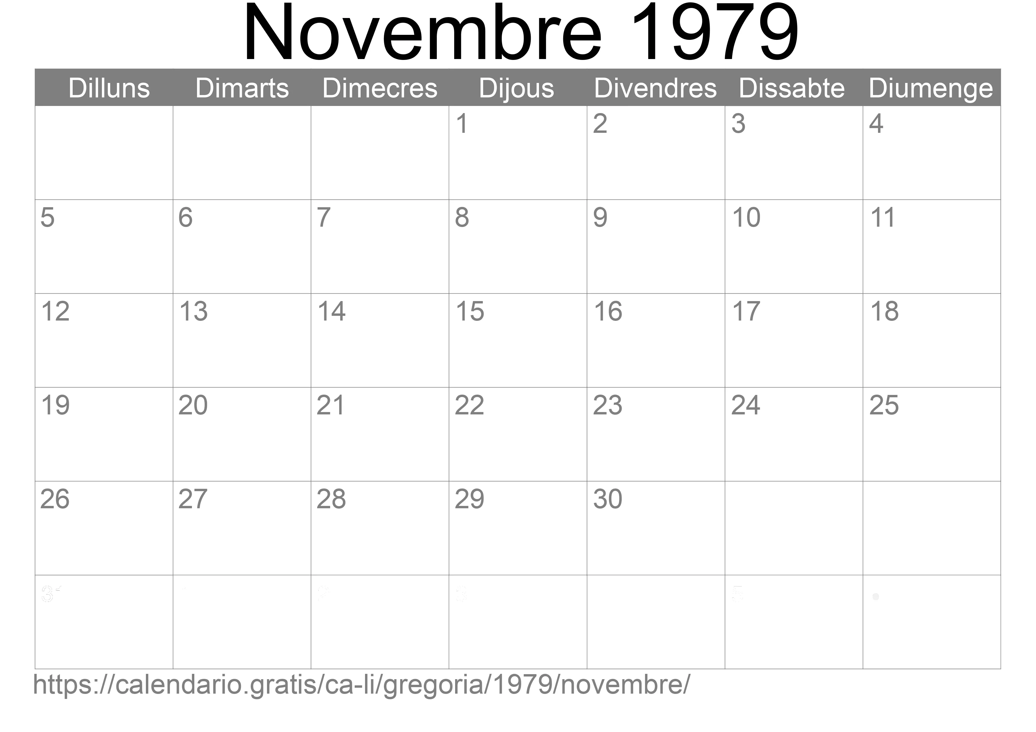 Calendari Novembre 1979 per imprimir (Liechtenstein)