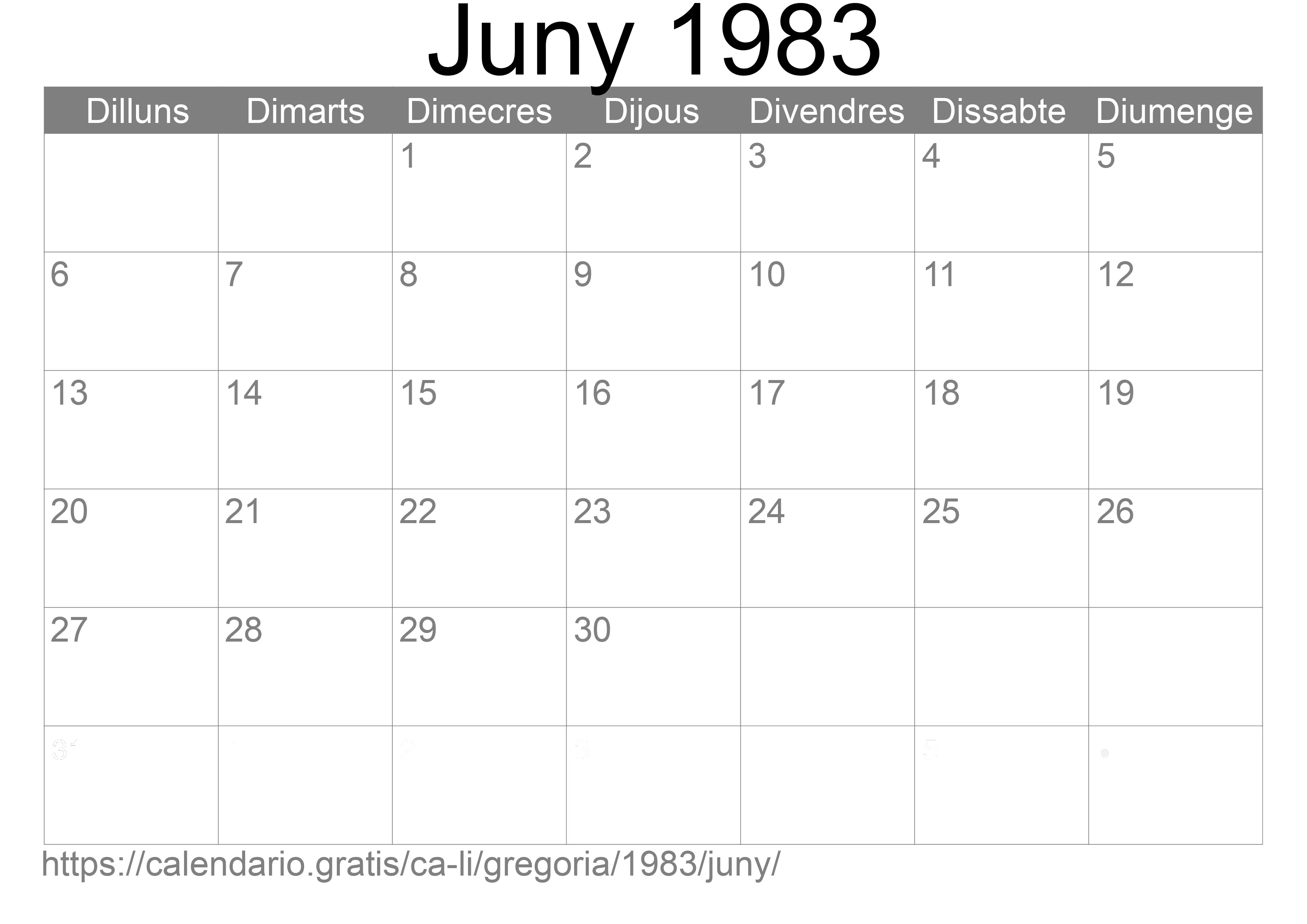 Calendari Juny 1983 per imprimir (Liechtenstein)