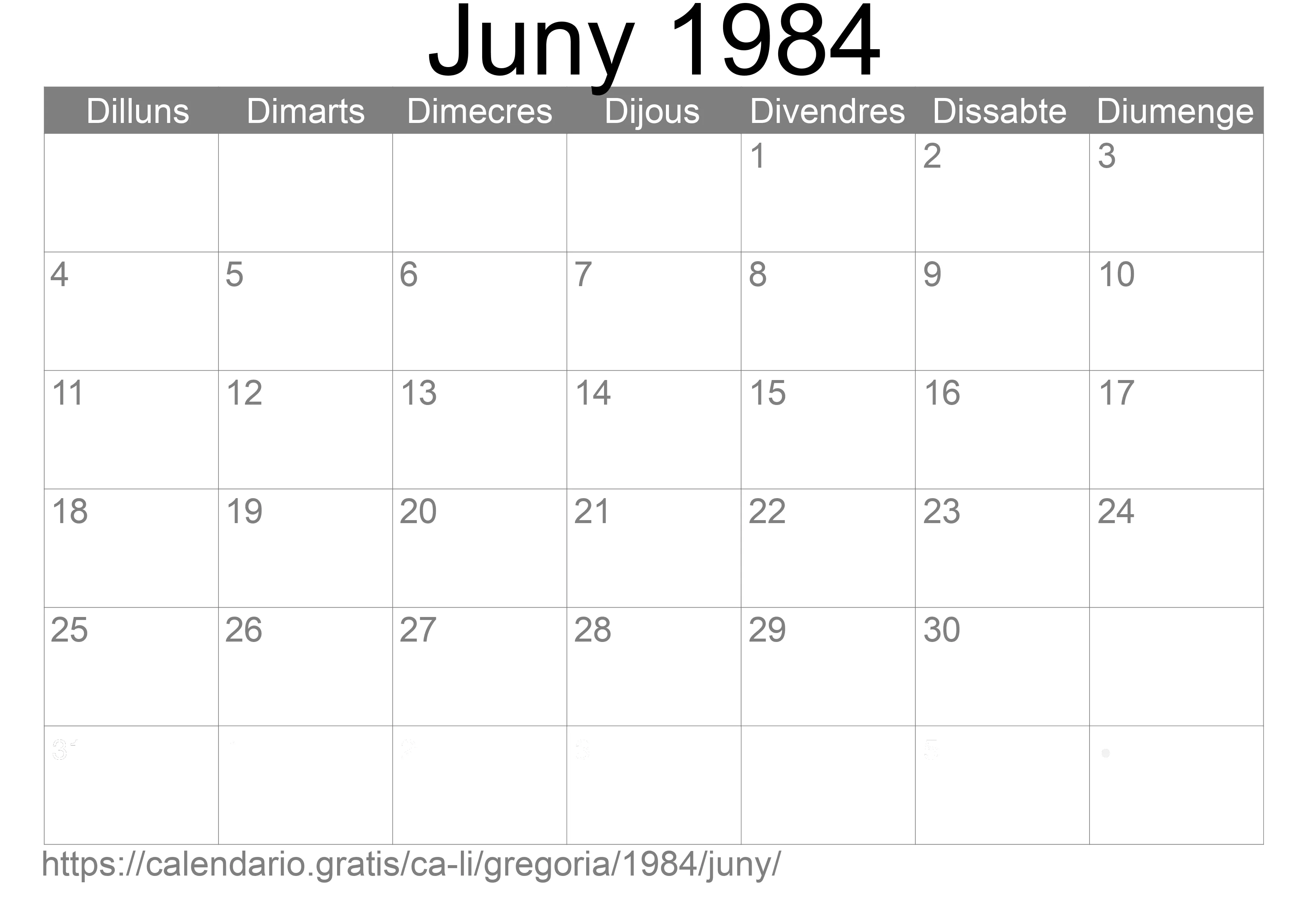 Calendari Juny 1984 per imprimir (Liechtenstein)