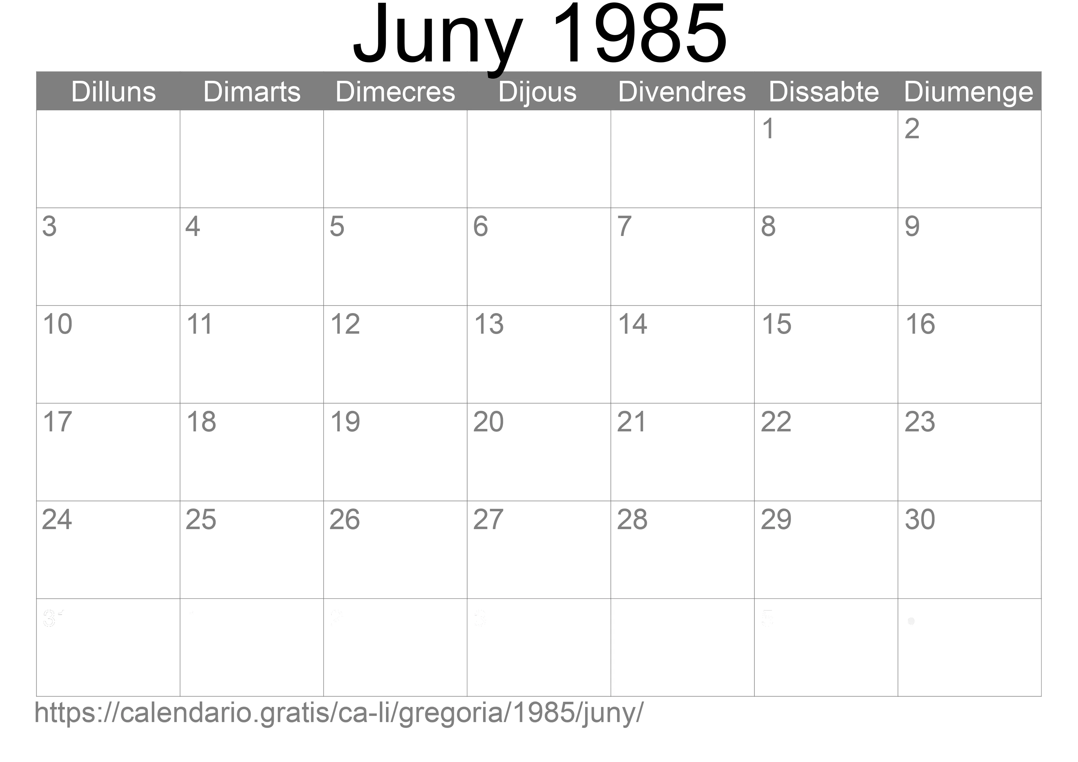 Calendari Juny 1985 per imprimir (Liechtenstein)