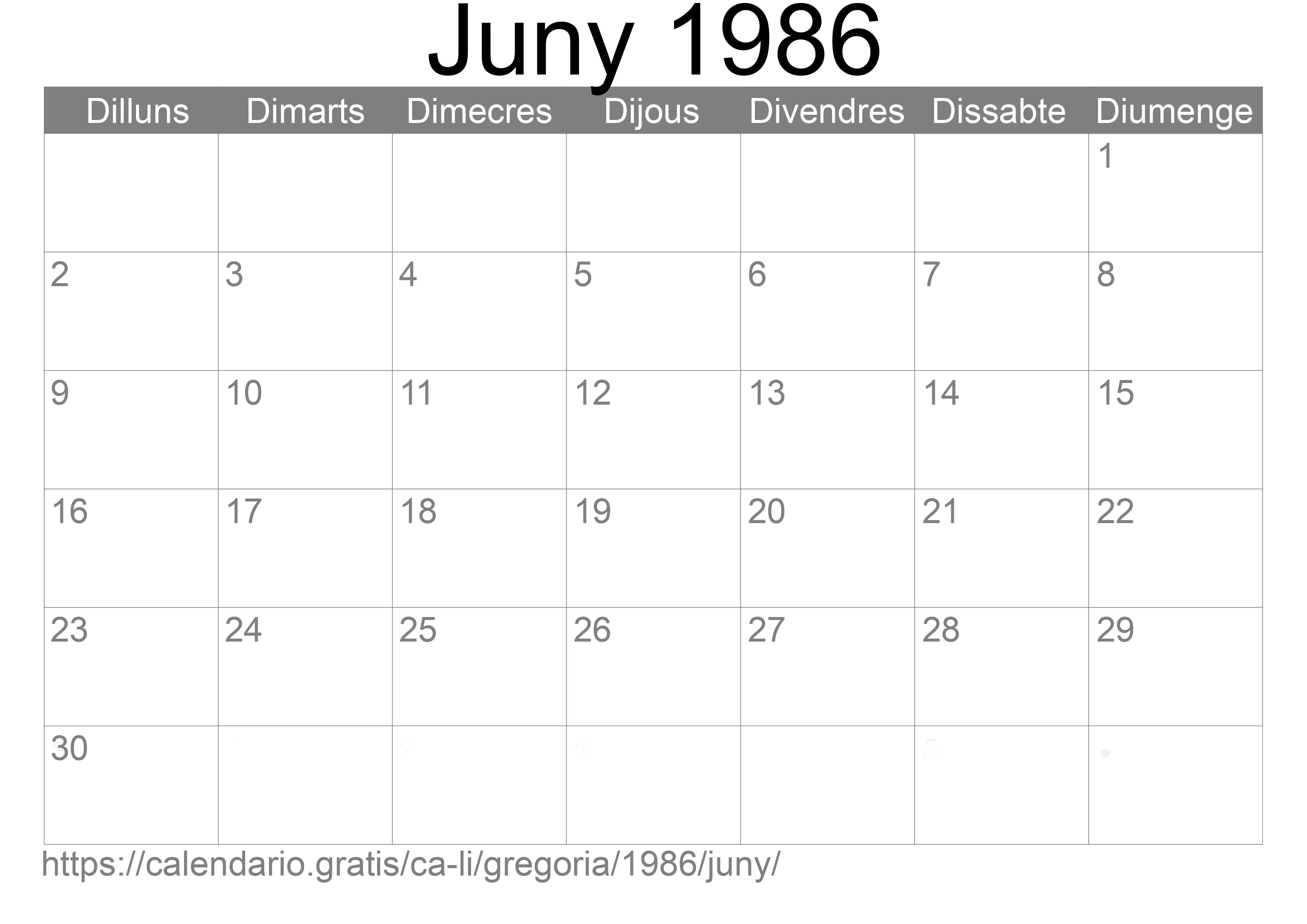 Calendari Juny 1986 per imprimir (Liechtenstein)