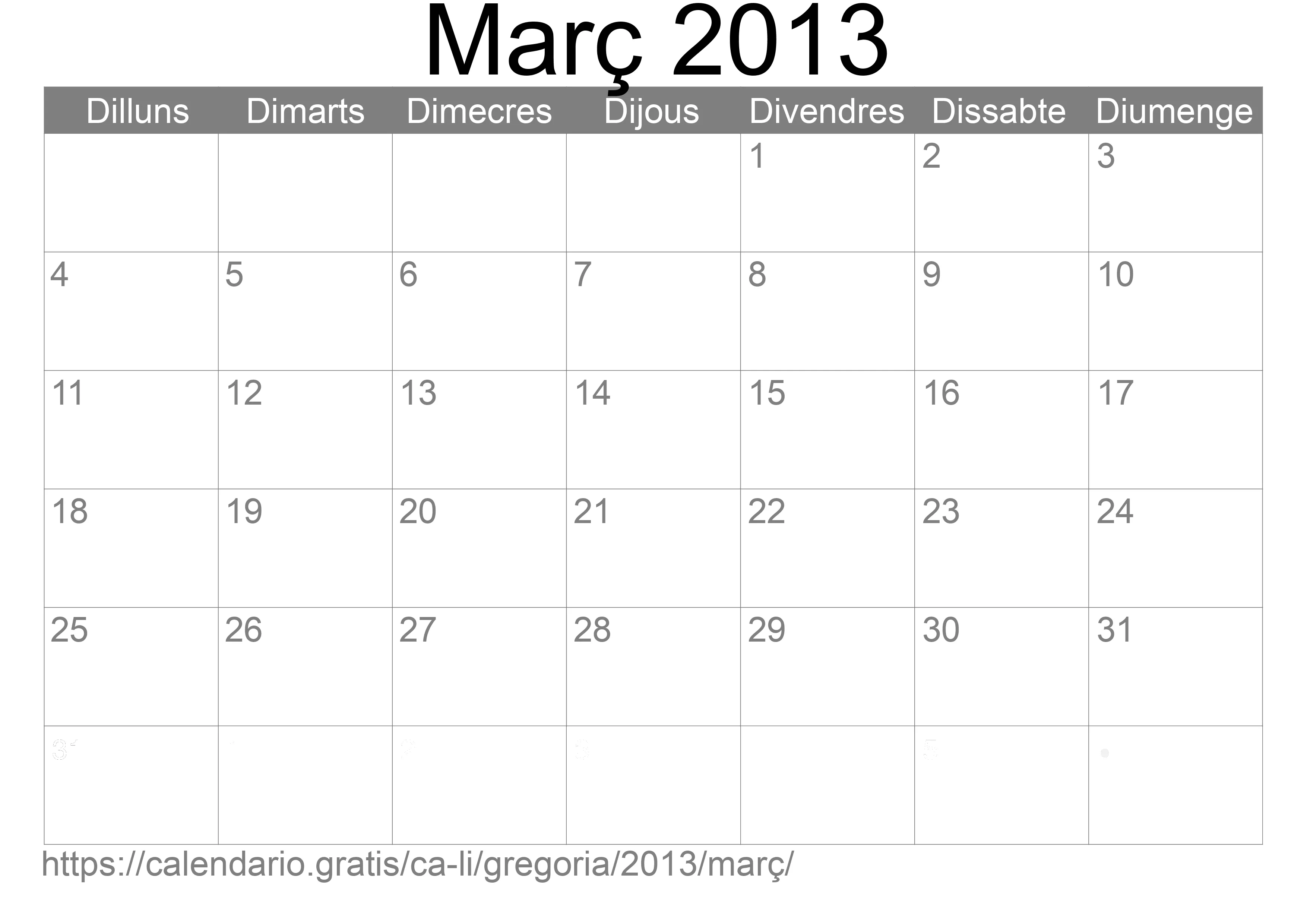 Calendari Març 2013 per imprimir (Liechtenstein)