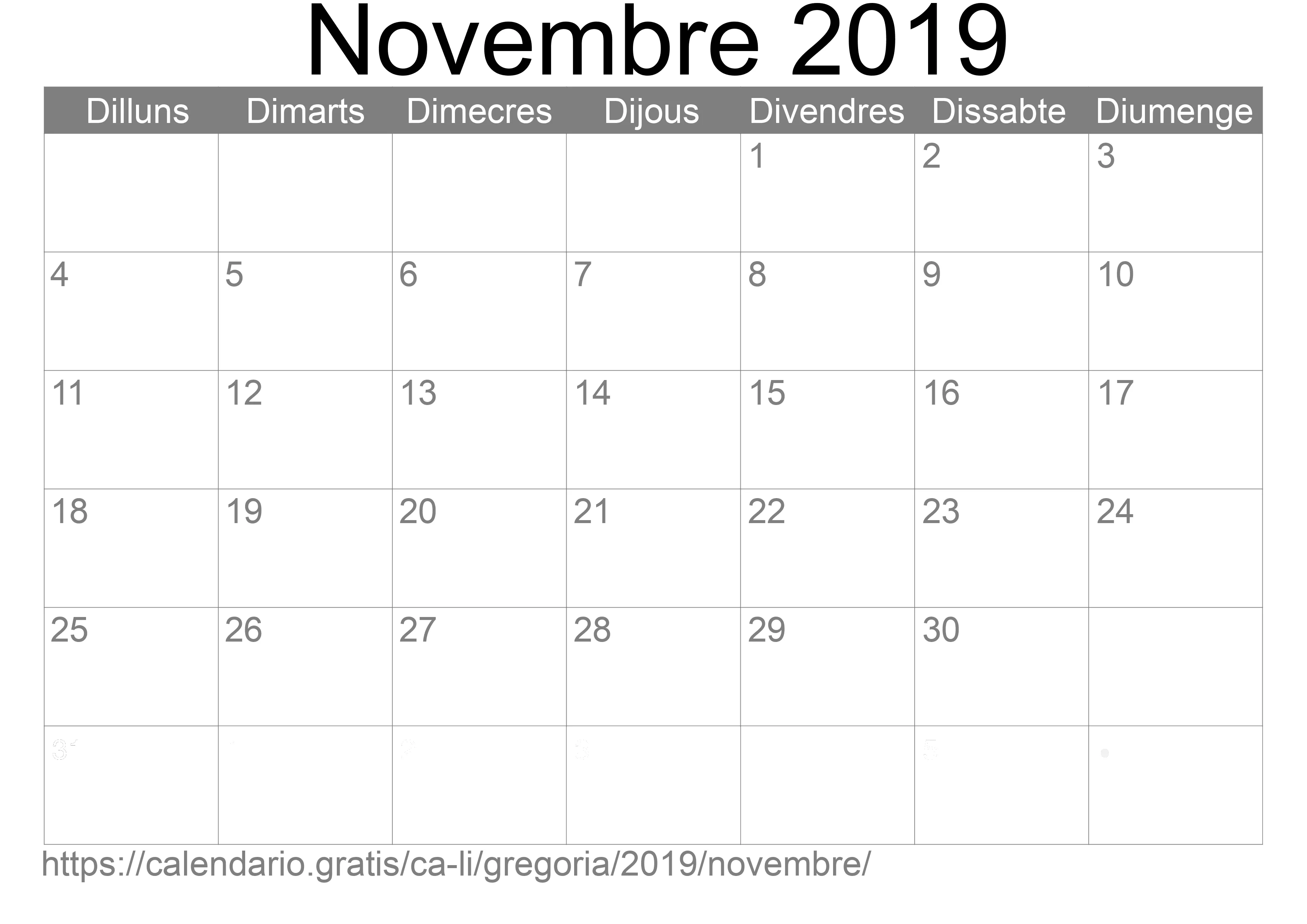 Calendari Novembre 2019 per imprimir (Liechtenstein)