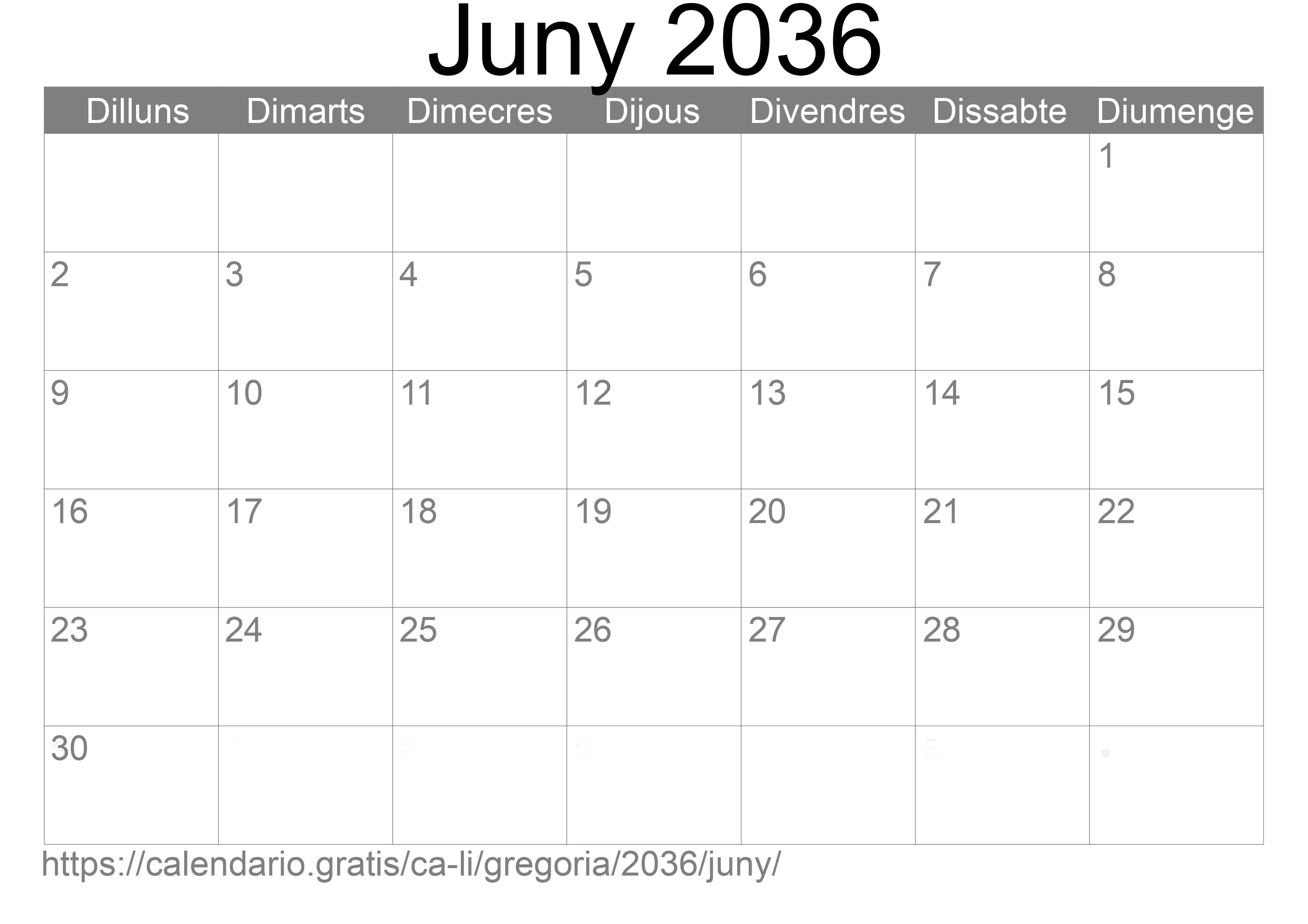 Calendari Juny 2036 per imprimir (Liechtenstein)