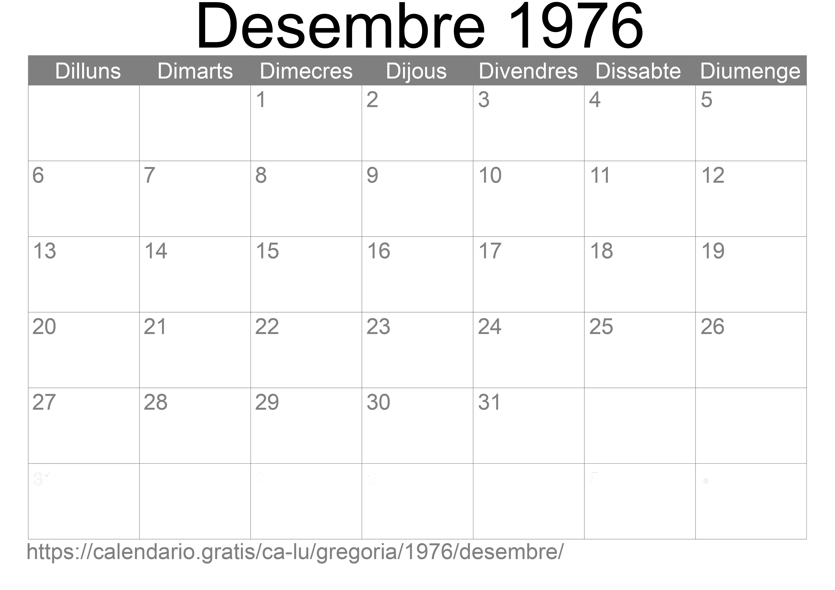 Calendari Desembre 1976 per imprimir (Luxemburg)