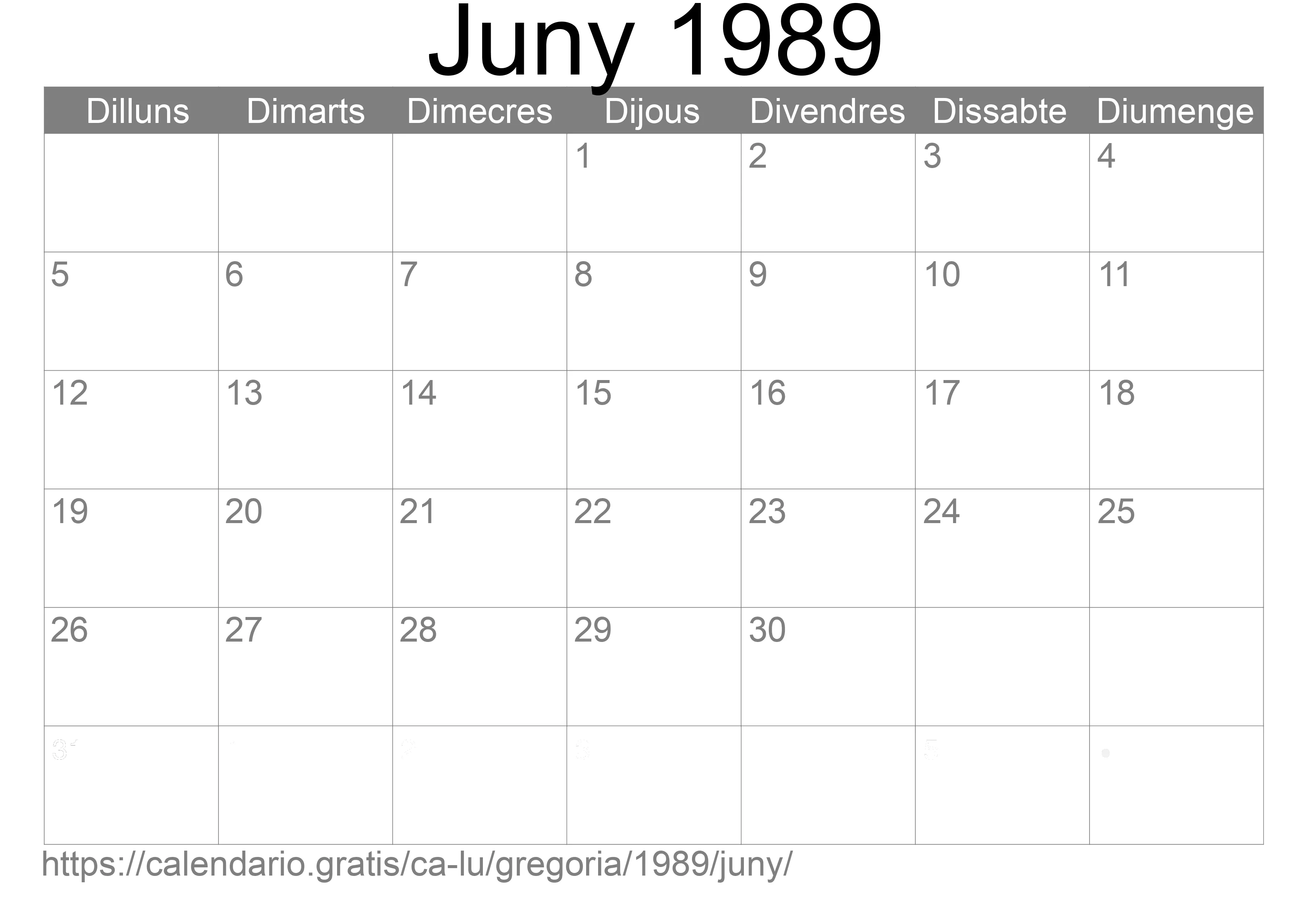 Calendari Juny 1989 per imprimir (Luxemburg) Calendari Juny 1989 per imprimir (Luxemburg)