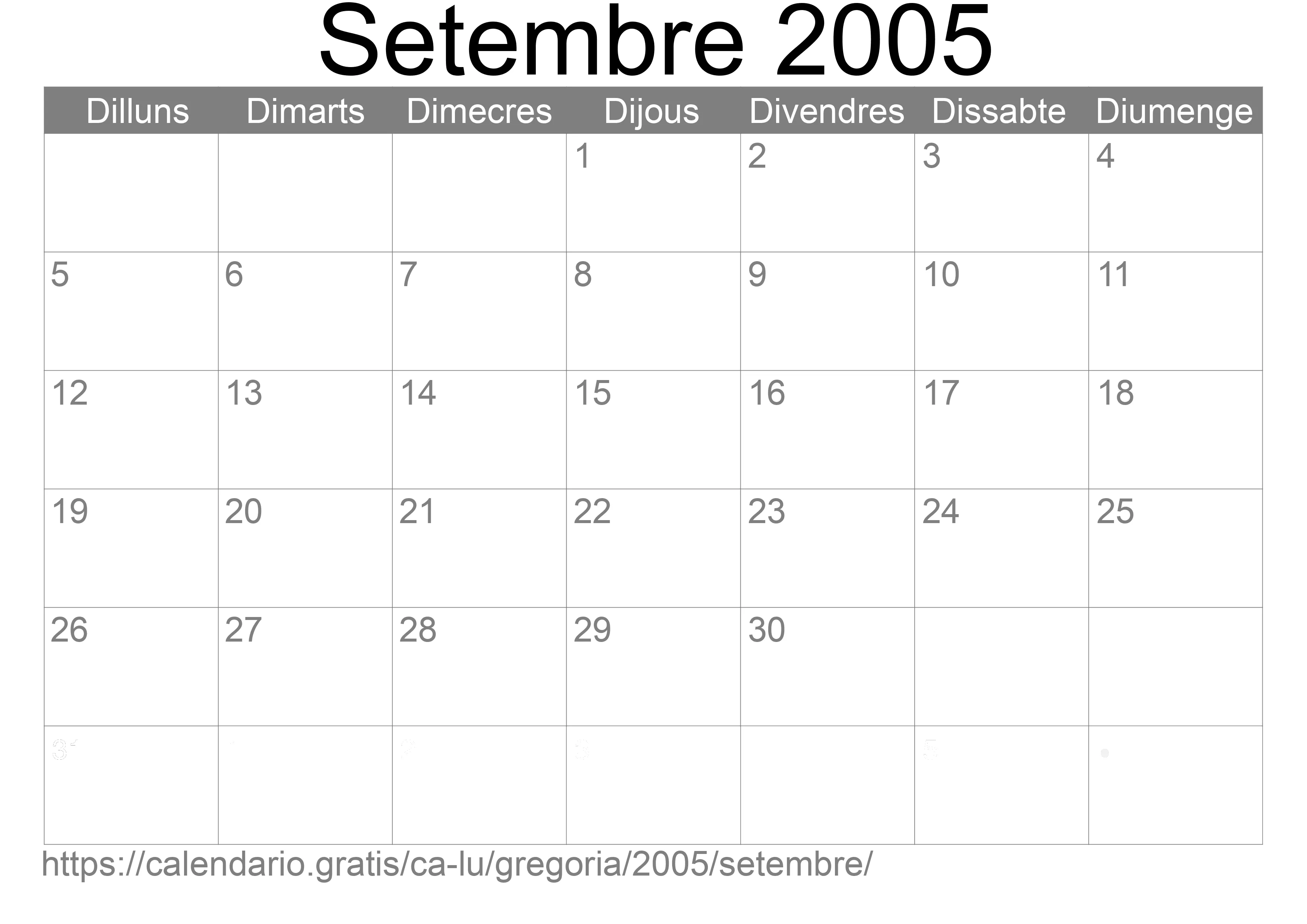 Calendari Setembre 2005 per imprimir (Luxemburg)