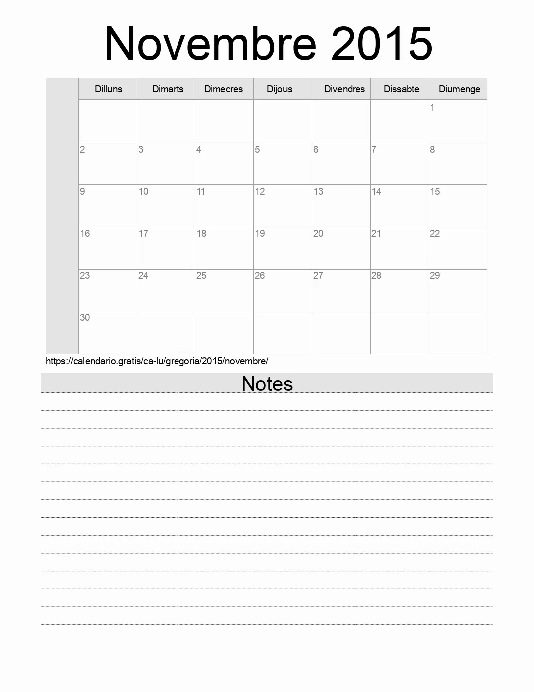 Calendari de Novembre 2015 per imprimir amb notes. (Luxemburg)