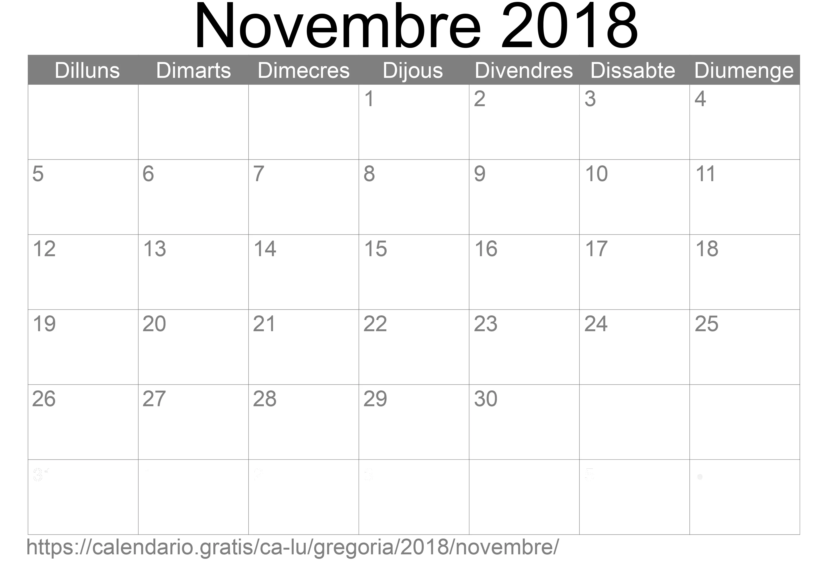 Calendari Novembre 2018 per imprimir (Luxemburg)