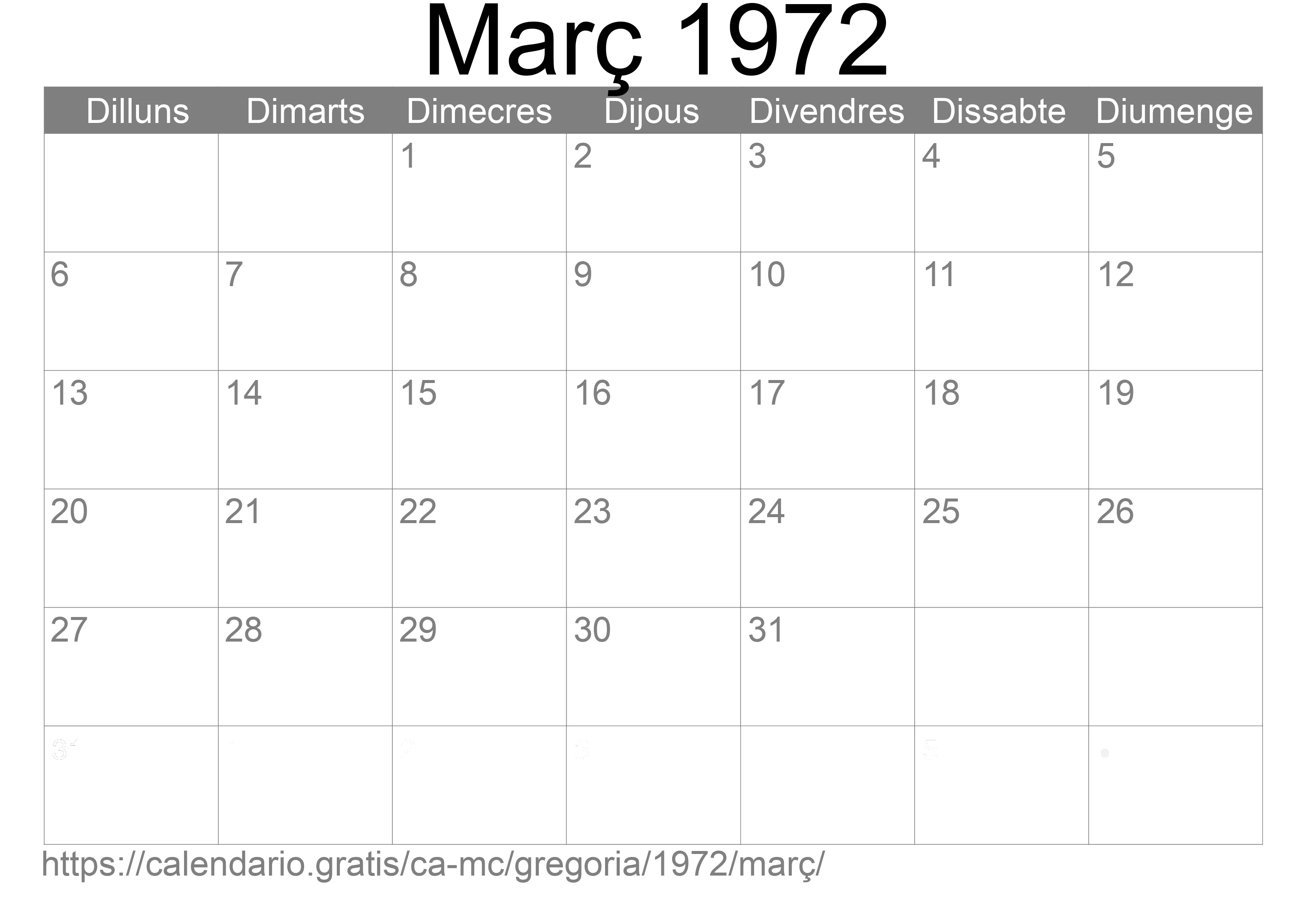Calendari Març 1972 per imprimir (Mònaco)