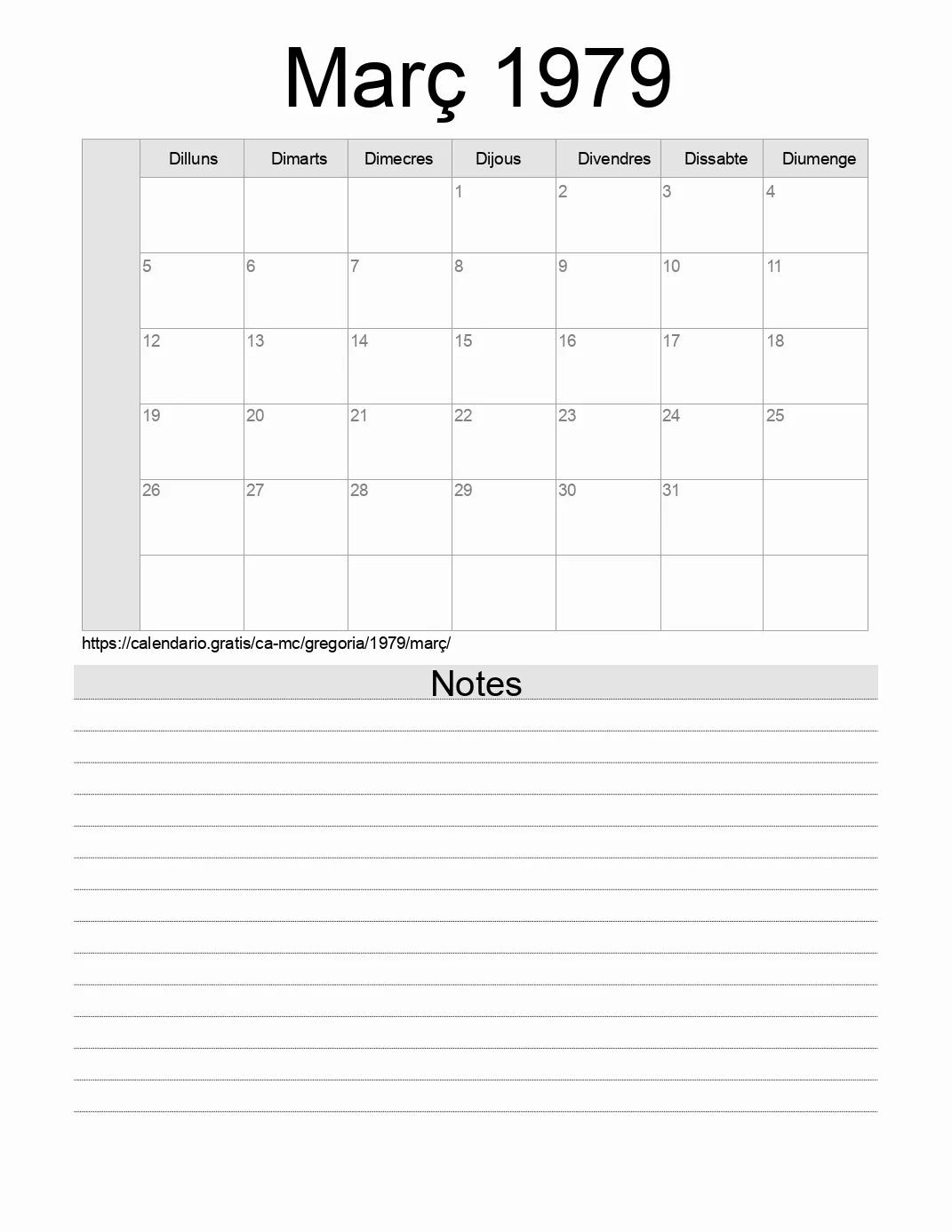 Calendari de Març 1979 per imprimir amb notes. (Mònaco)