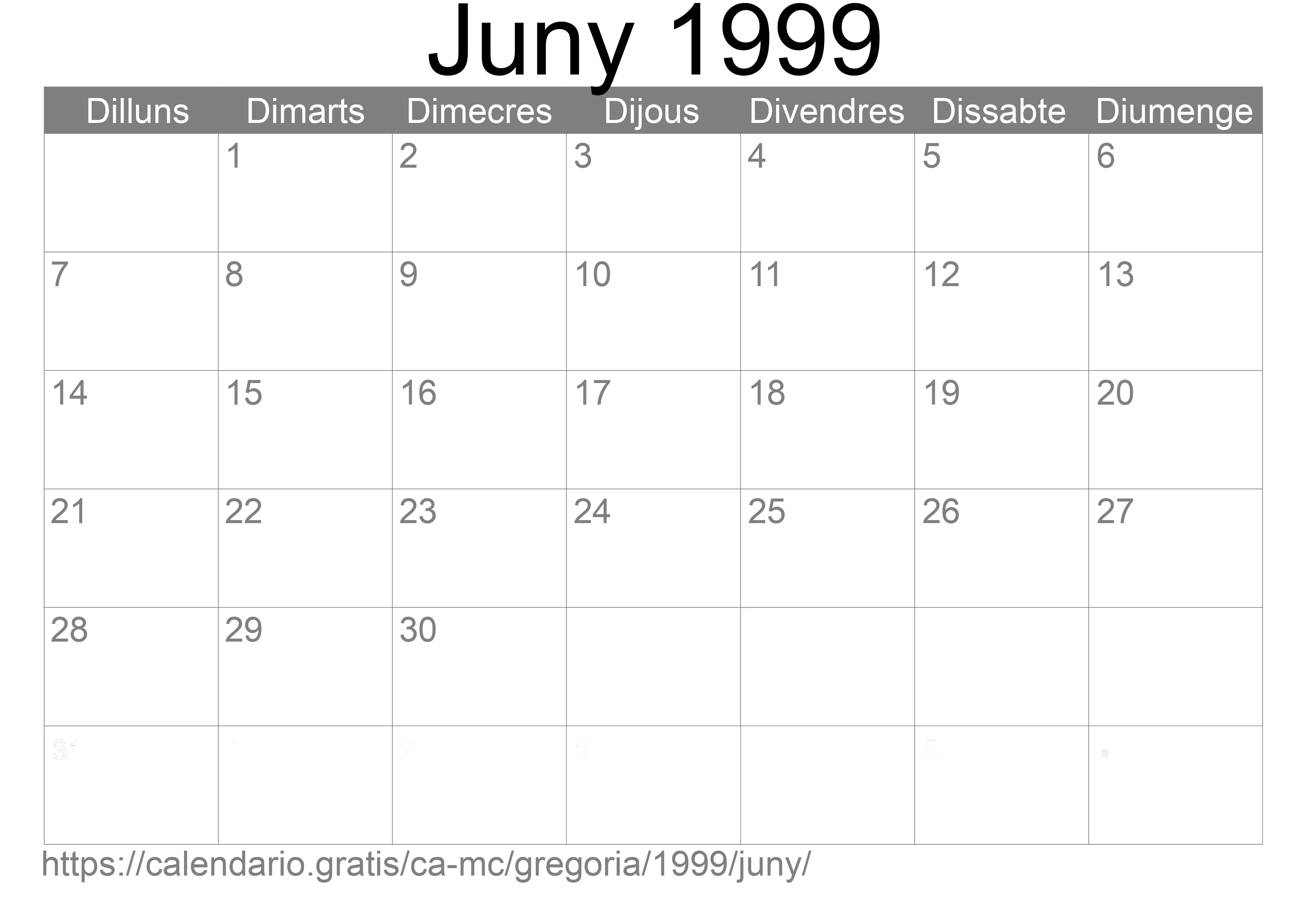 Calendari Juny 1999 per imprimir (Mònaco)