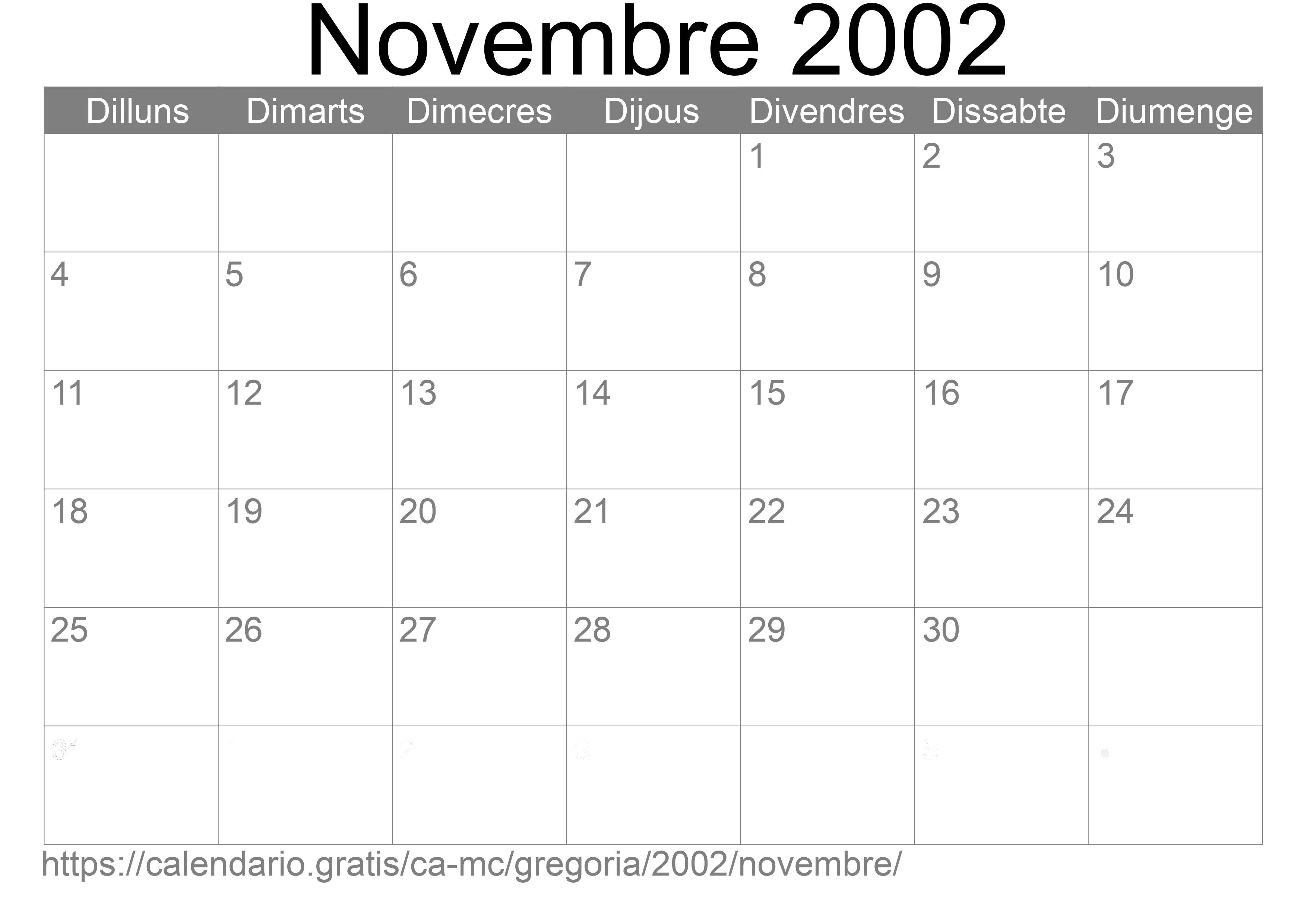 Calendari Novembre 2002 per imprimir (Mònaco) Calendari Novembre 2002 per imprimir (Mònaco)