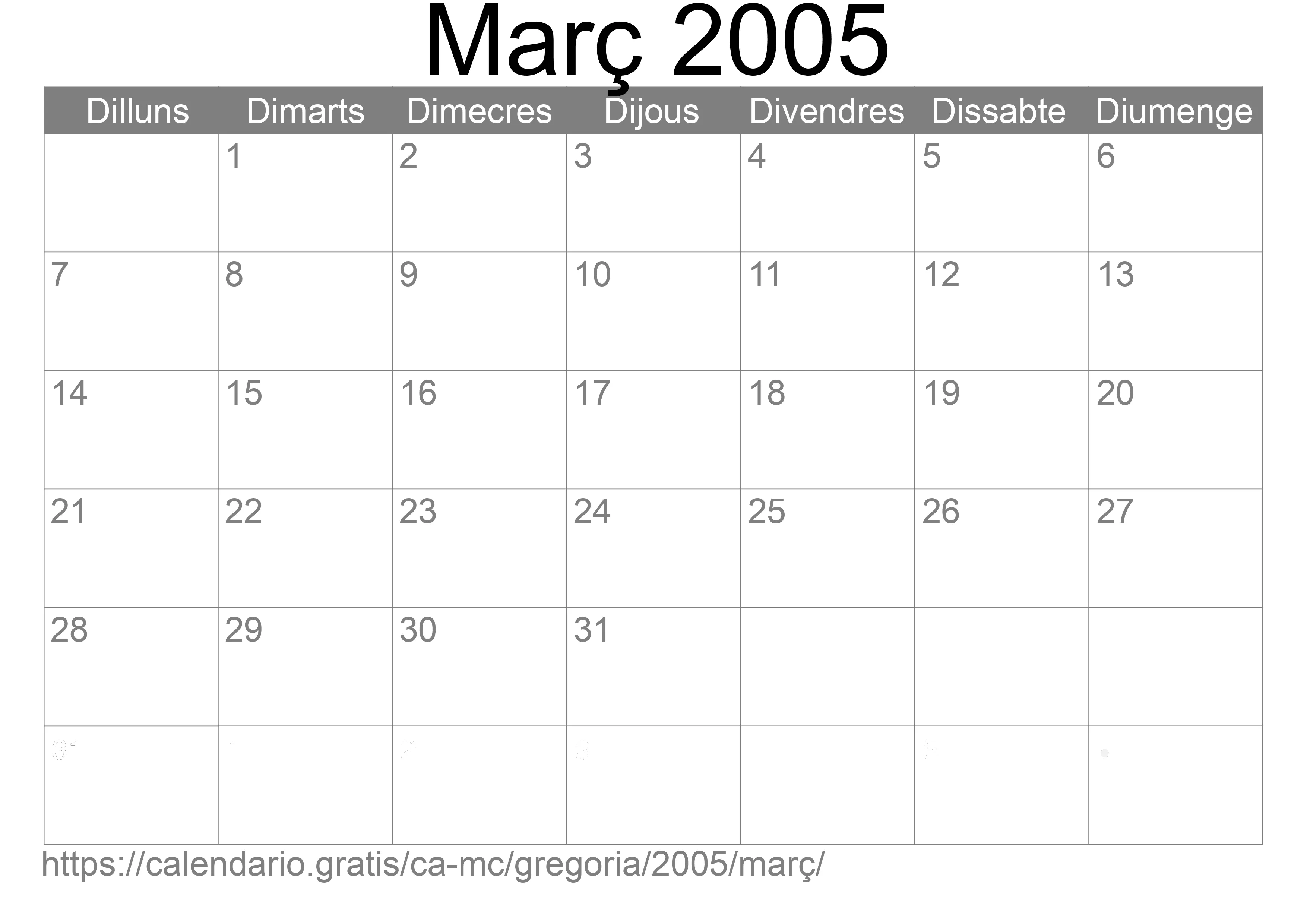 Calendari Març 2005 per imprimir (Mònaco) Calendari Març 2005 per imprimir (Mònaco)