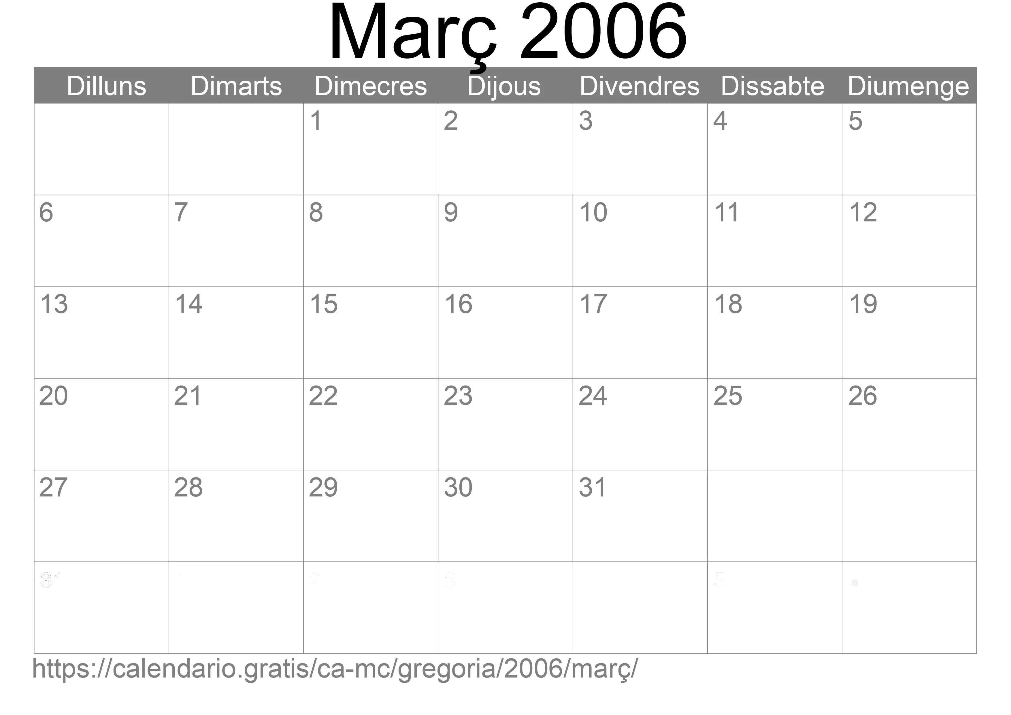 Calendari Març 2006 per imprimir (Mònaco) Calendari Març 2006 per imprimir (Mònaco)