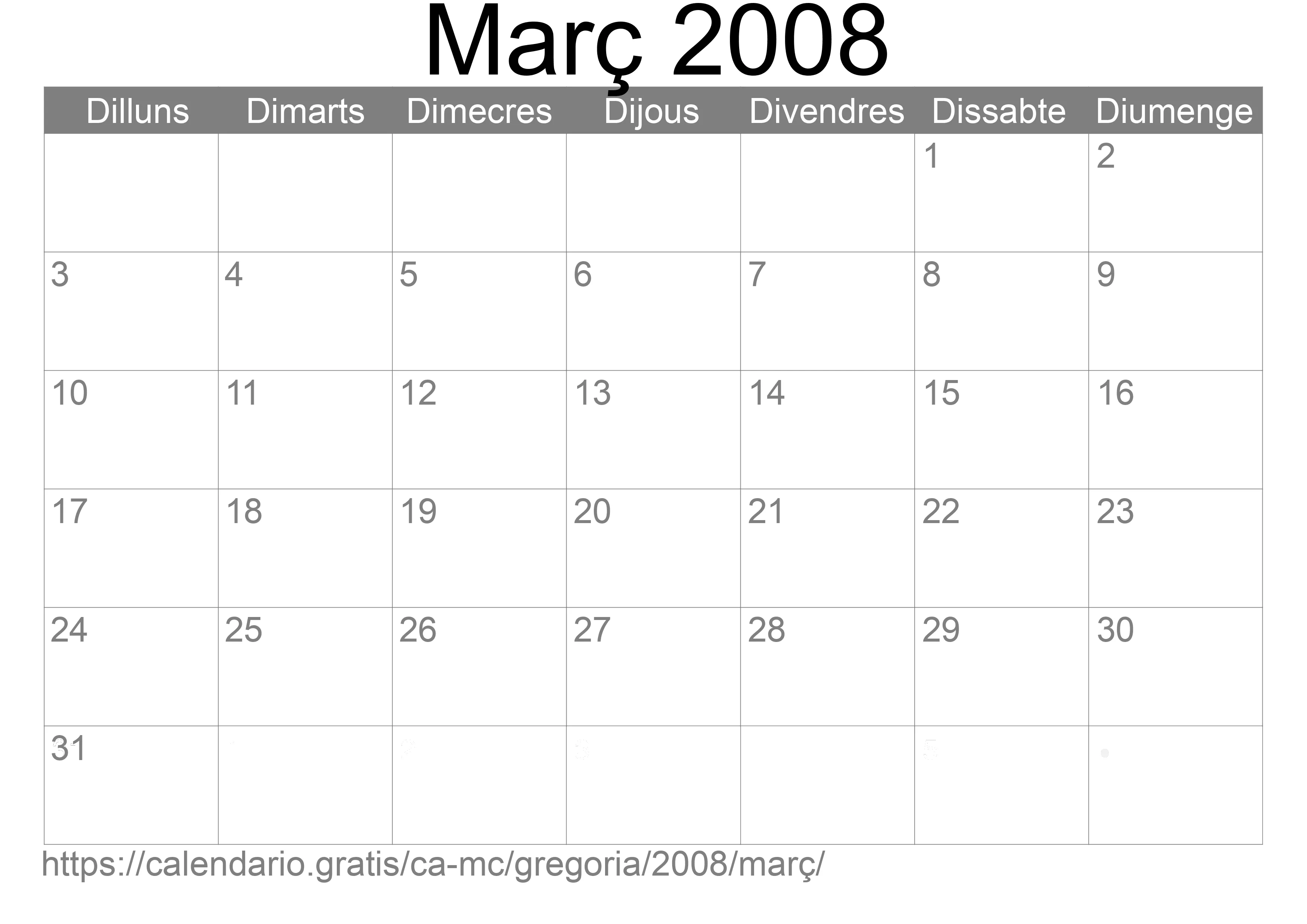 Calendari Març 2008 per imprimir (Mònaco) Calendari Març 2008 per imprimir (Mònaco)