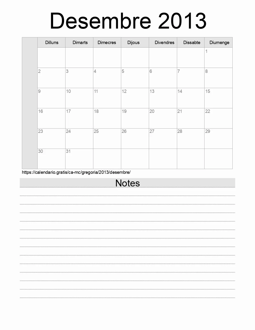 Calendari de Desembre 2013 per imprimir amb notes. (Mònaco)