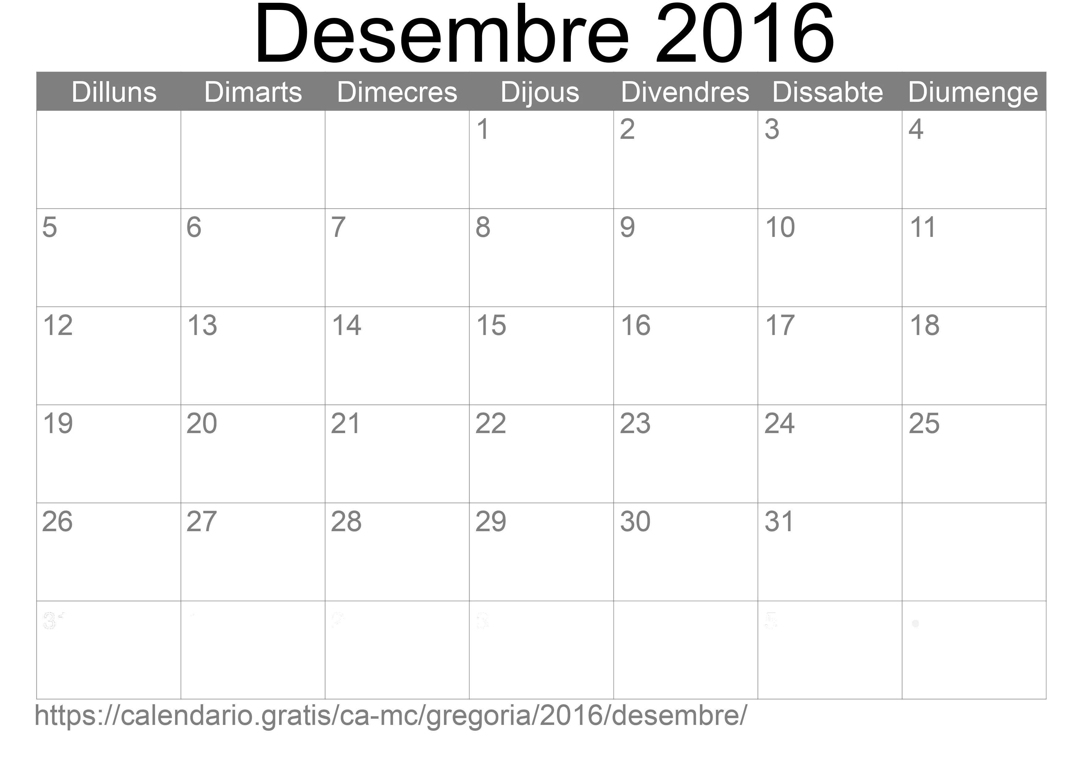 Calendari Desembre 2016 per imprimir (Mònaco)