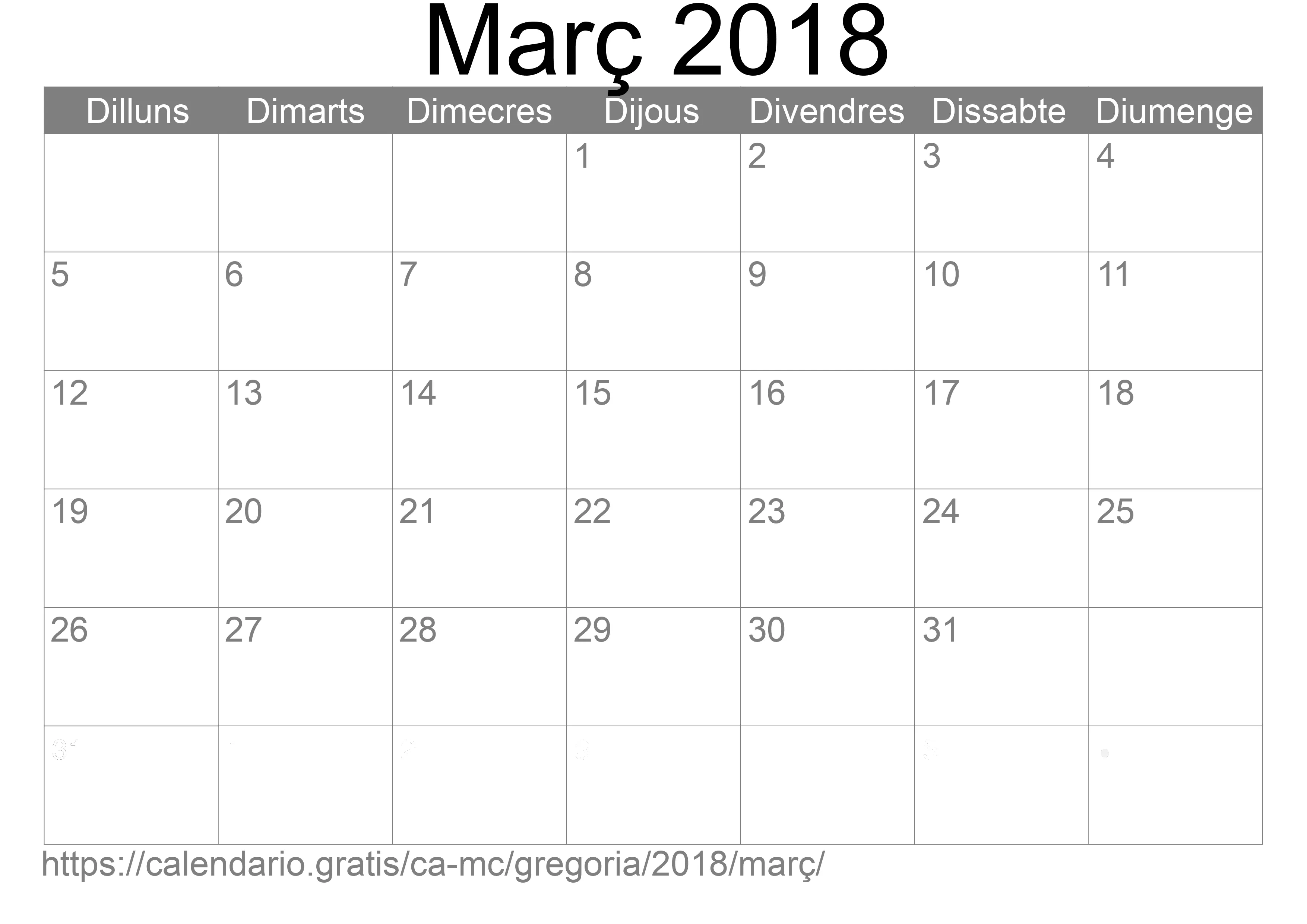 Calendari Març 2018 per imprimir (Mònaco) Calendari Març 2018 per imprimir (Mònaco)