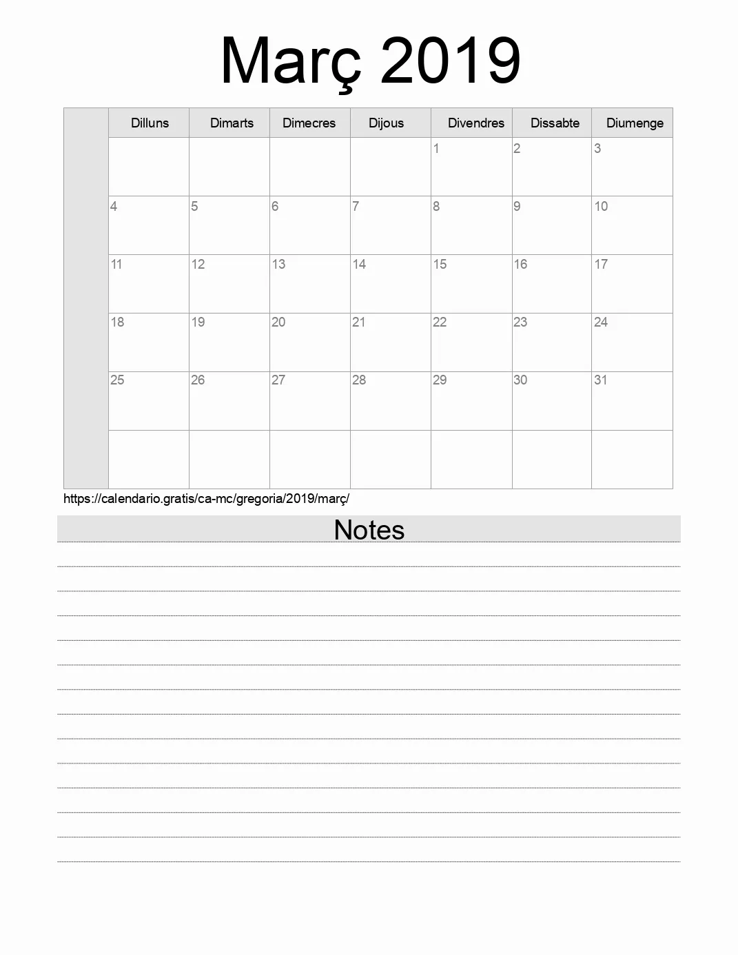 Calendari de Març 2019 per imprimir amb notes. (Mònaco) Calendari de Març 2019 per imprimir amb notes. (Mònaco)