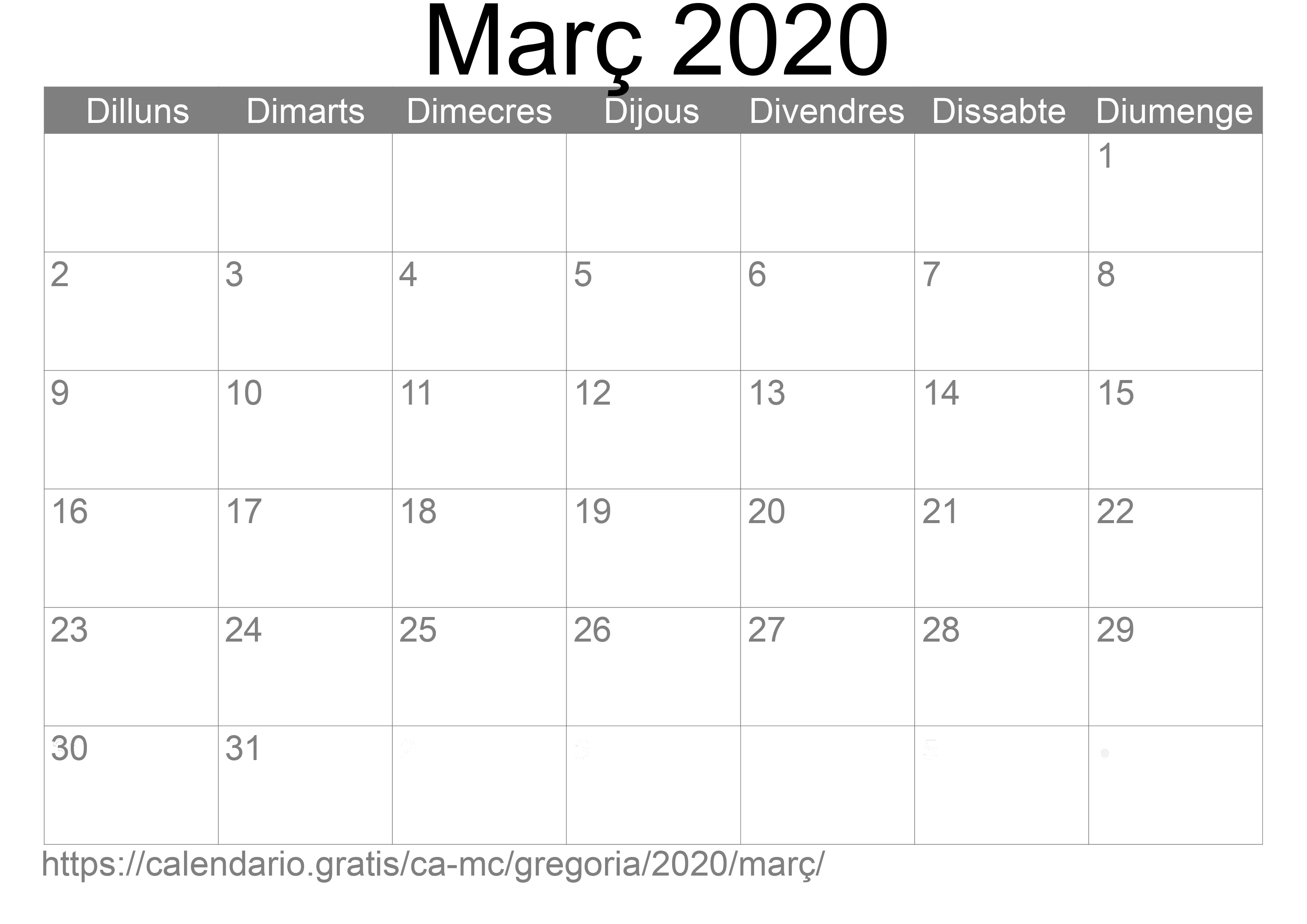 Calendari Març 2020 per imprimir (Mònaco) Calendari Març 2020 per imprimir (Mònaco)