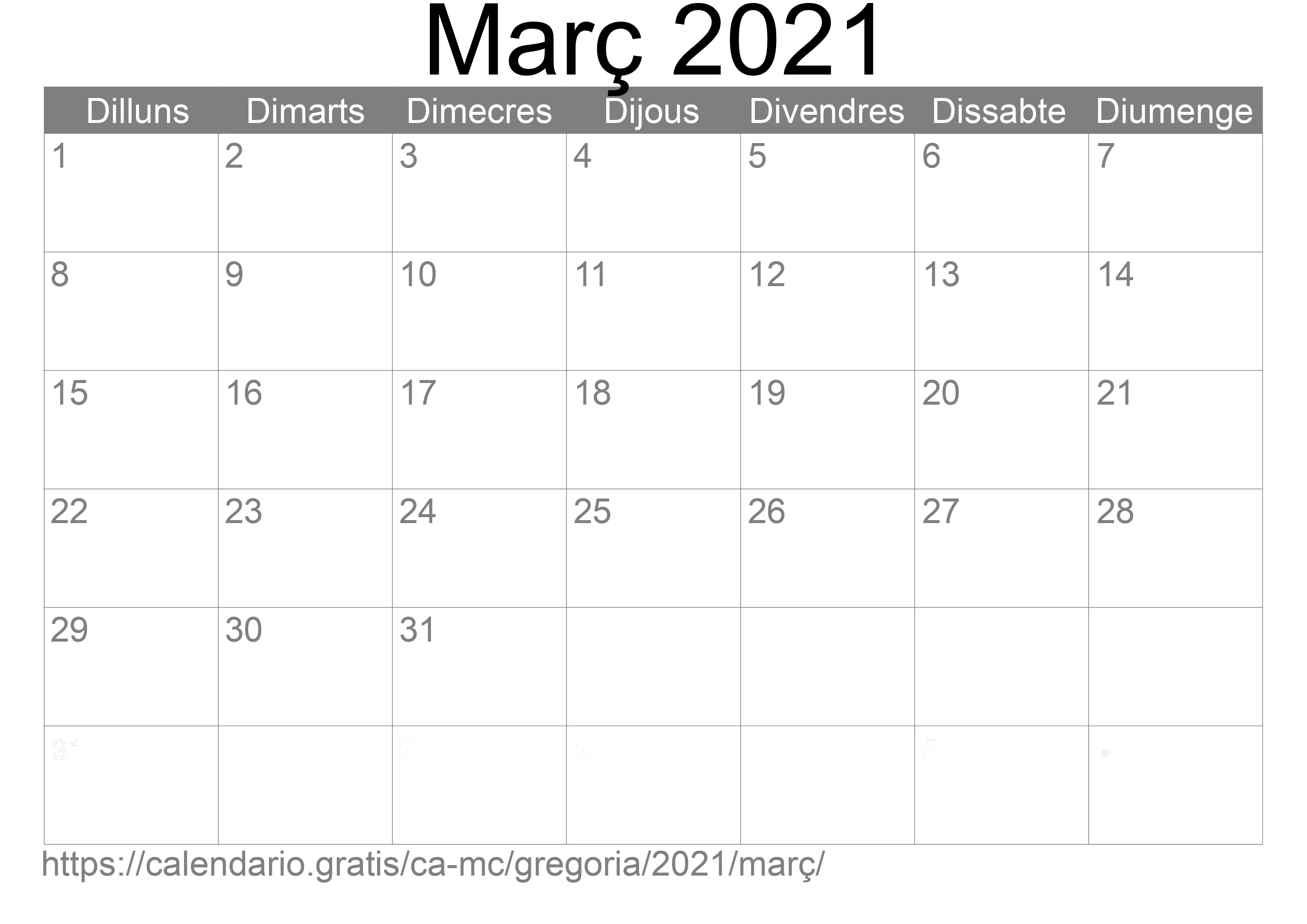 Calendari Març 2021 per imprimir (Mònaco) Calendari Març 2021 per imprimir (Mònaco)