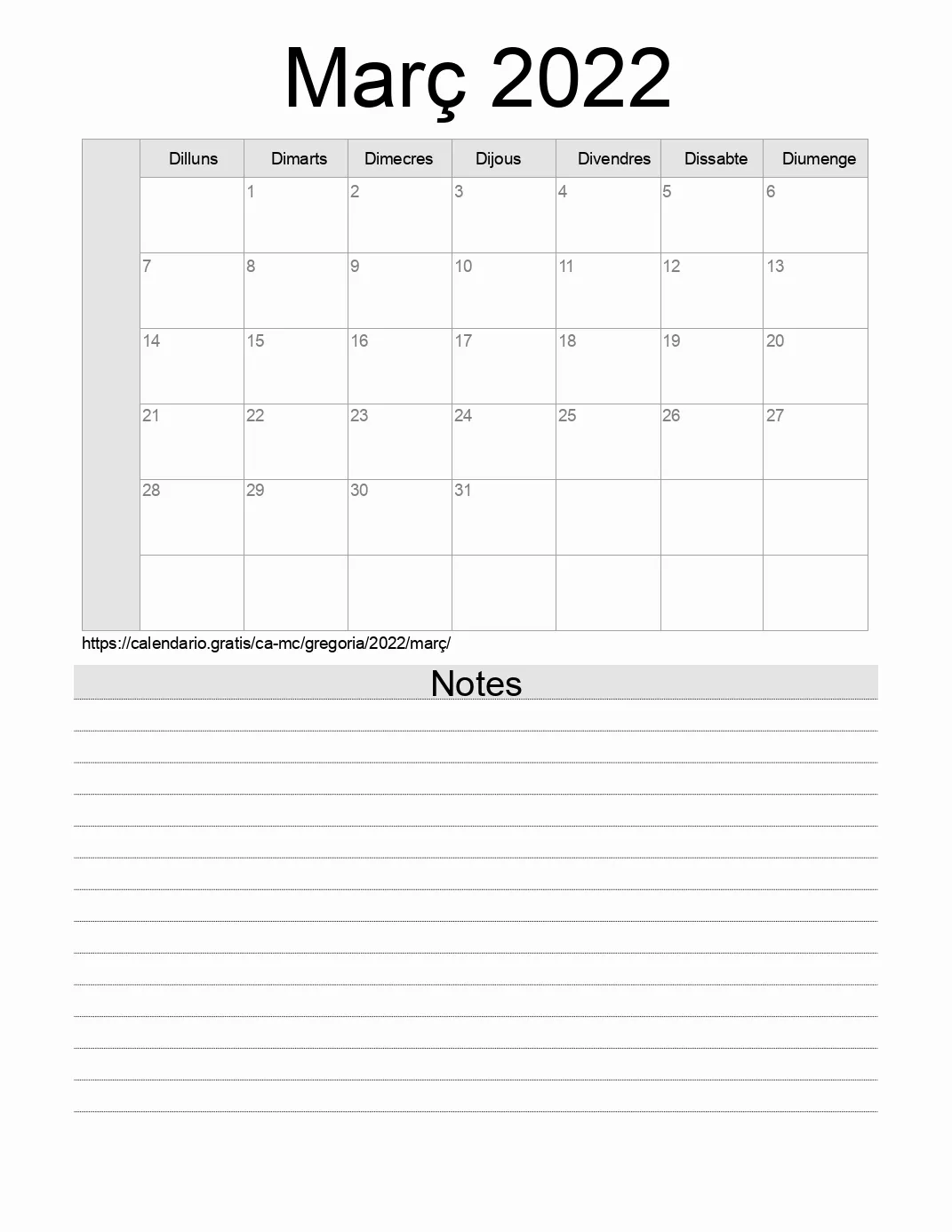 Calendari de Març 2022 per imprimir amb notes. (Mònaco) Calendari de Març 2022 per imprimir amb notes. (Mònaco)