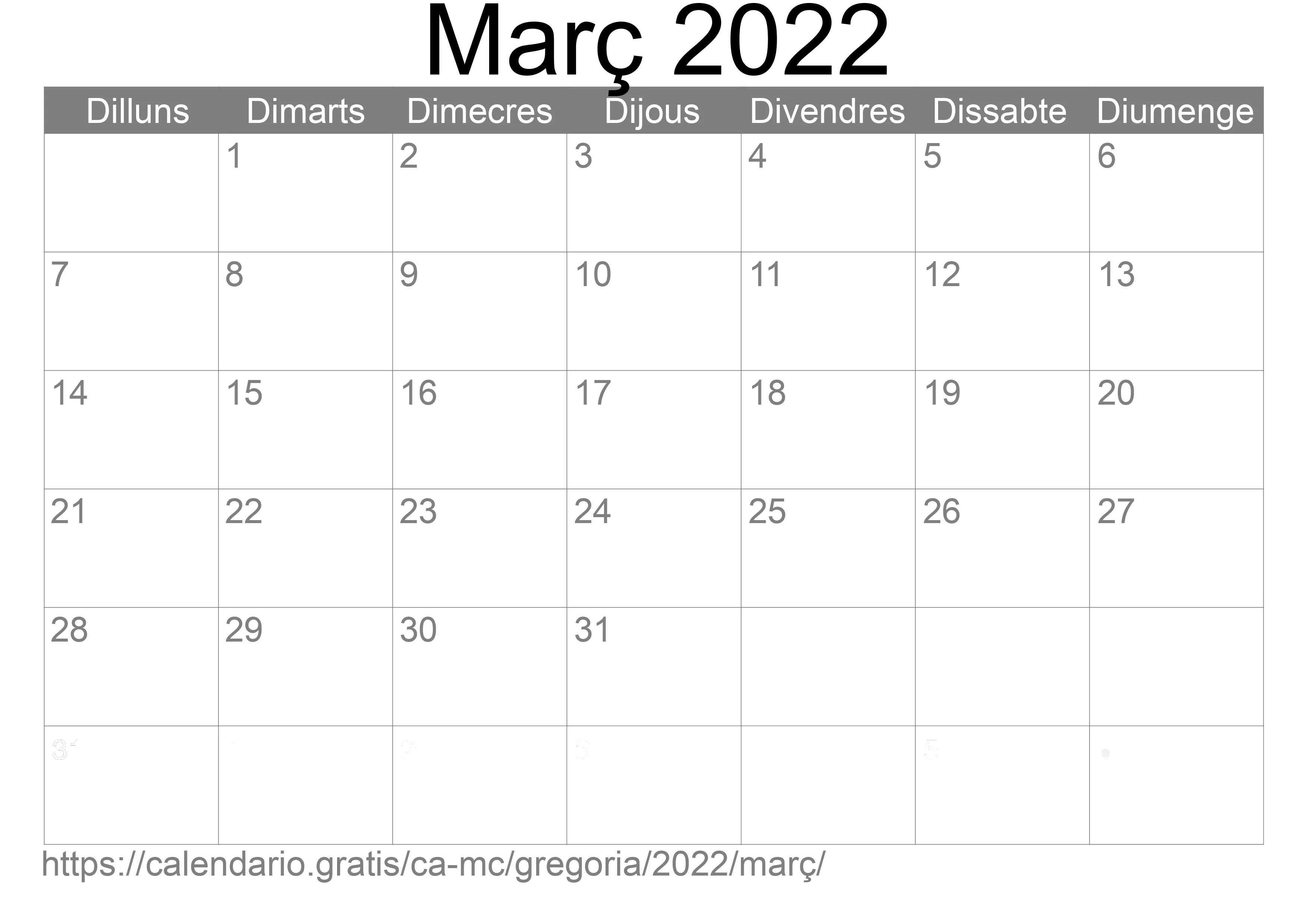 Calendari Març 2022 per imprimir (Mònaco) Calendari Març 2022 per imprimir (Mònaco)