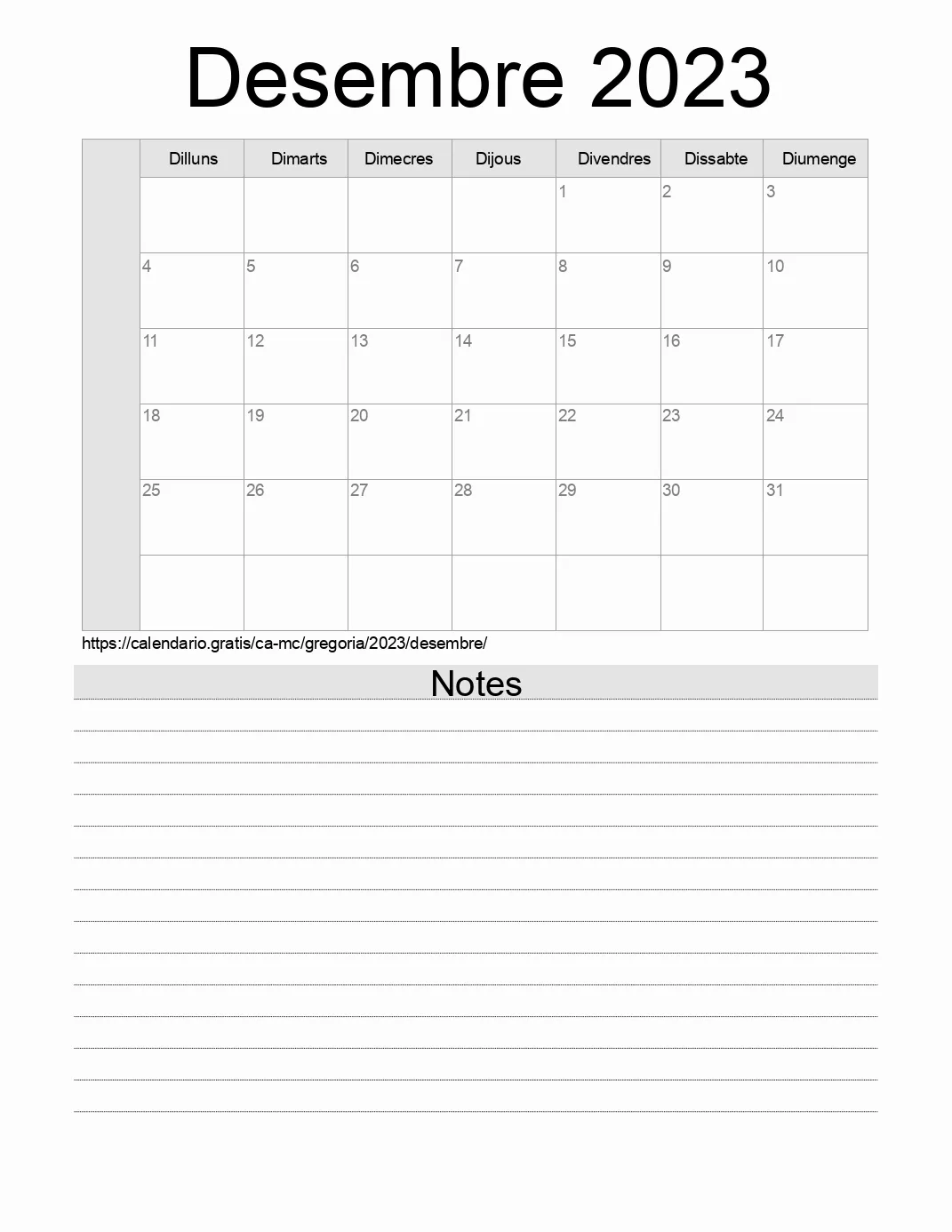 Calendari de Desembre 2023 per imprimir amb notes. (Mònaco)