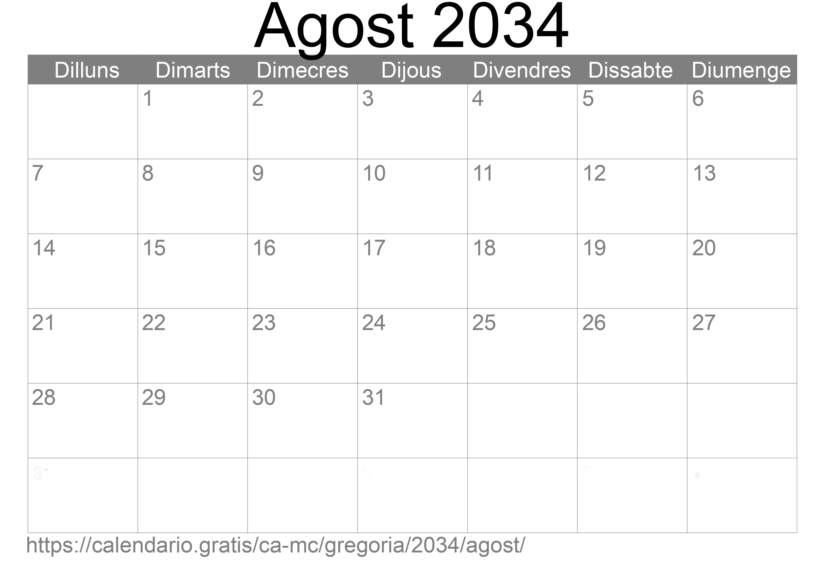 Calendari Agost 2034 per imprimir (Mònaco) Calendari Agost 2034 per imprimir (Mònaco)