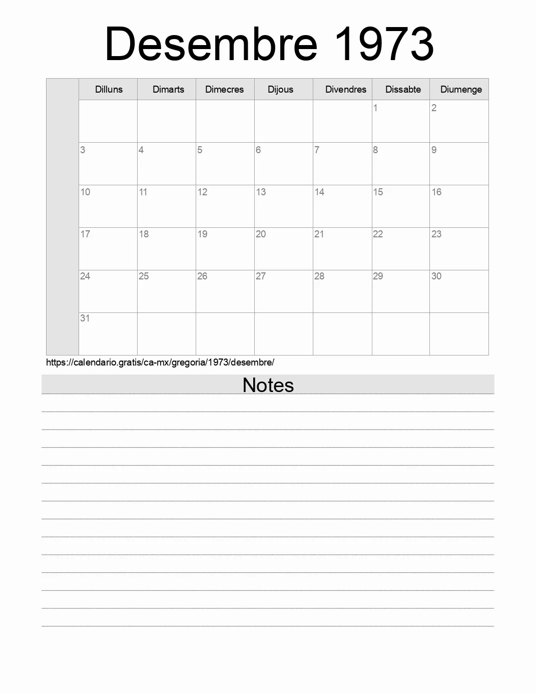 Calendari de Desembre 1973 per imprimir amb notes. (Mèxic)