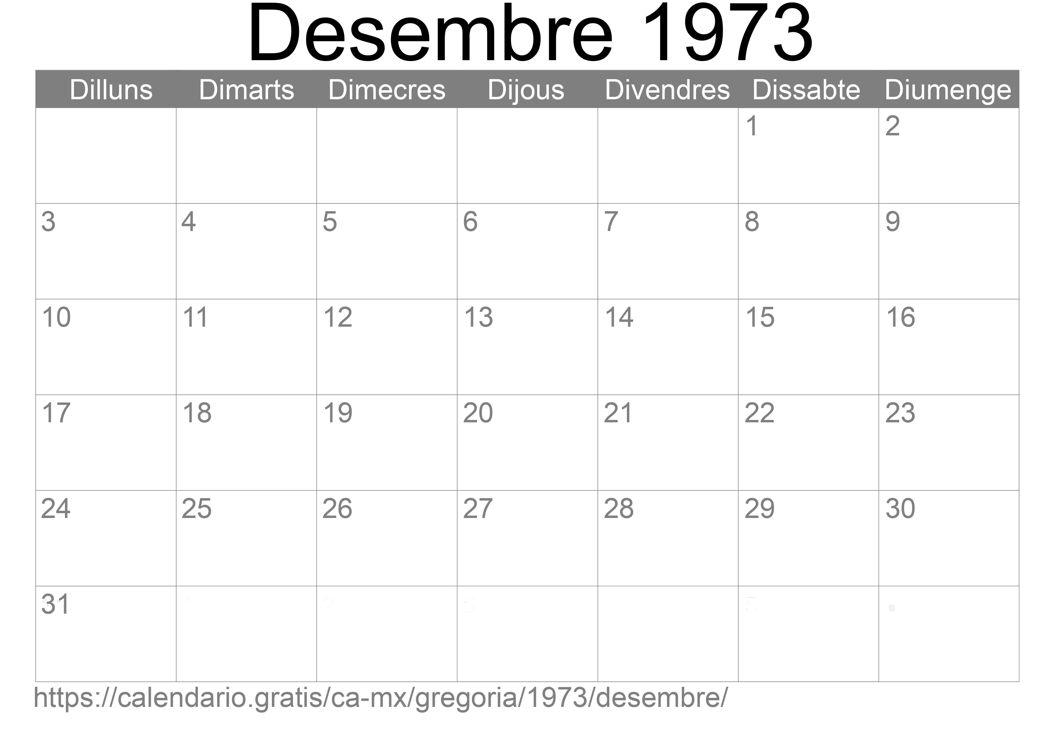 Calendari Desembre 1973 per imprimir (Mèxic)
