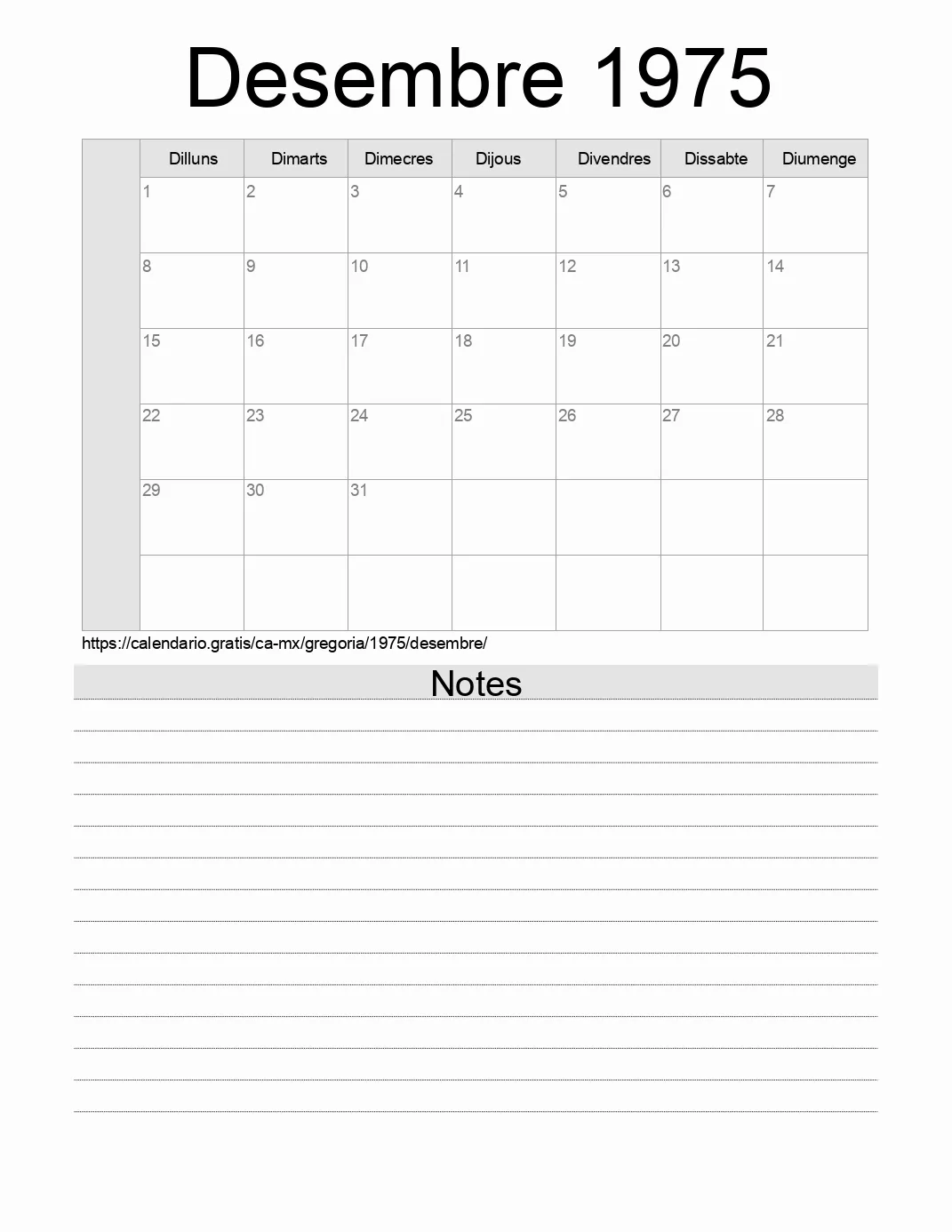 Calendari de Desembre 1975 per imprimir amb notes. (Mèxic)