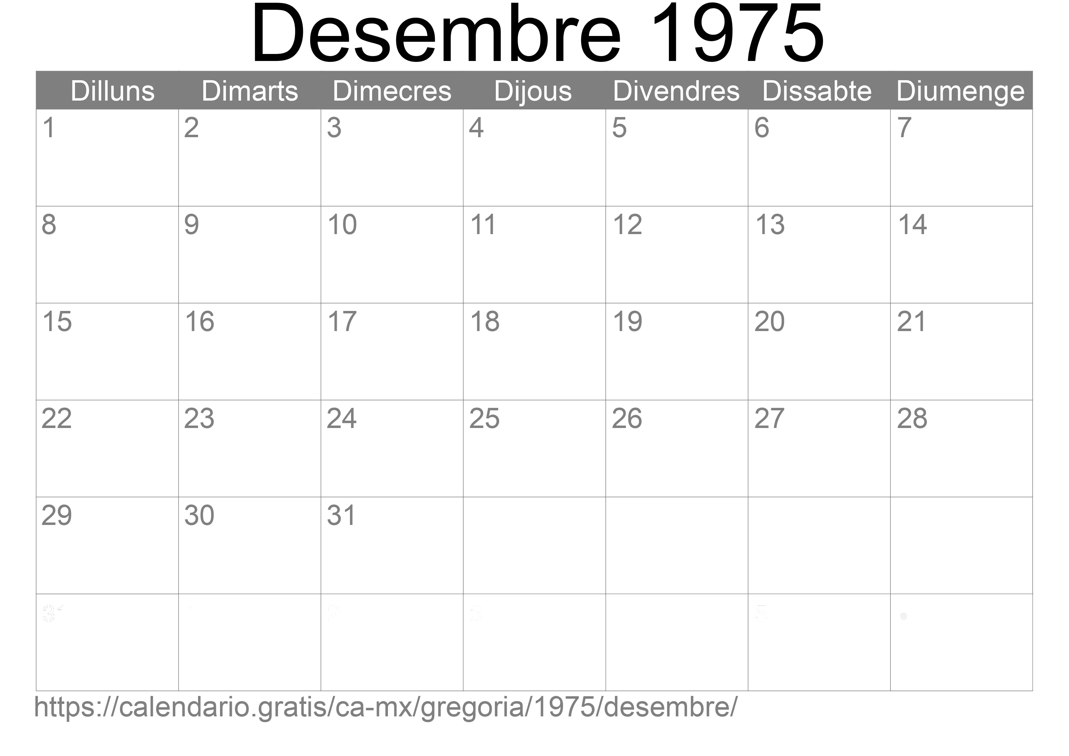 Calendari Desembre 1975 per imprimir (Mèxic)