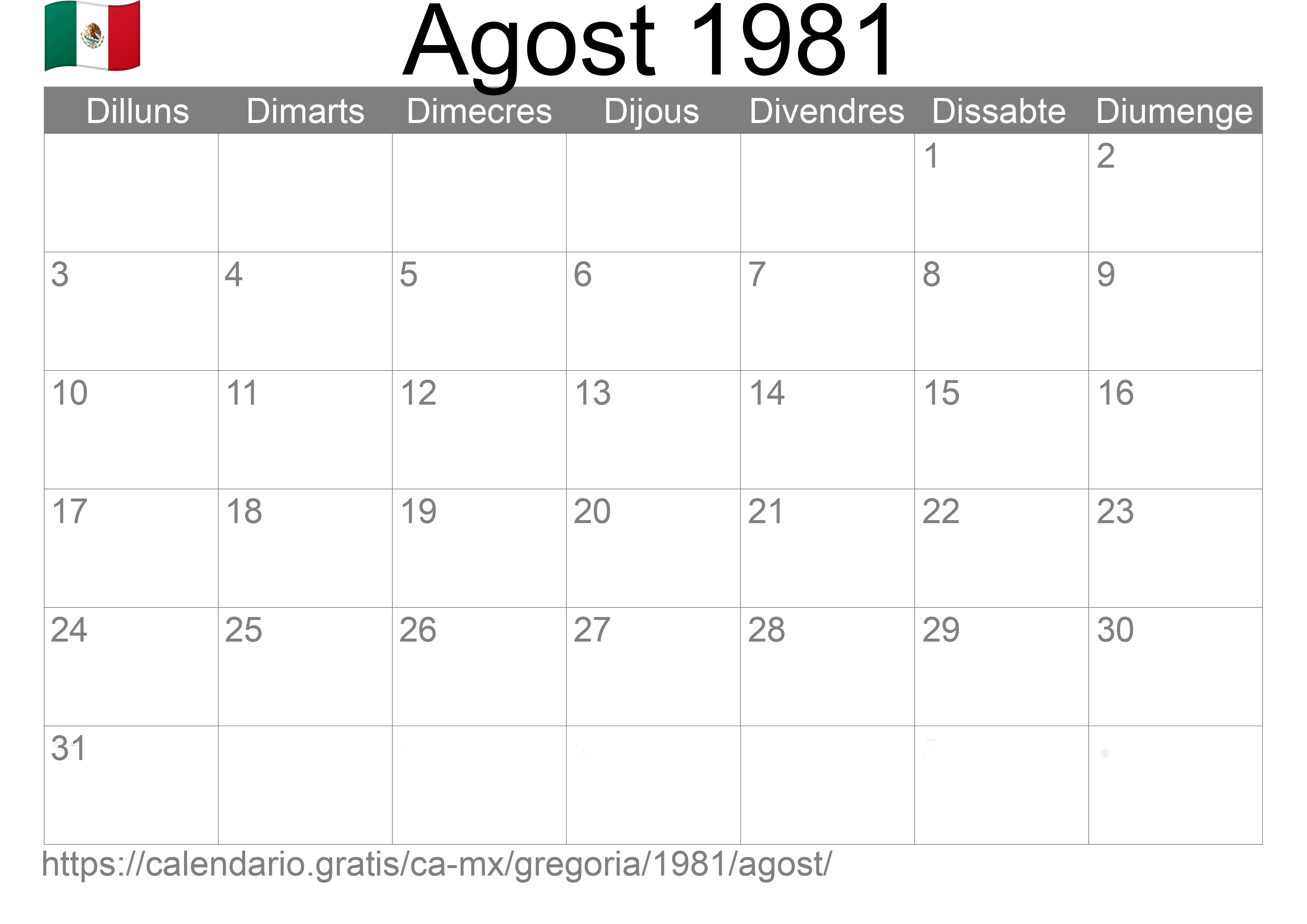 Calendari Agost 1981 per imprimir