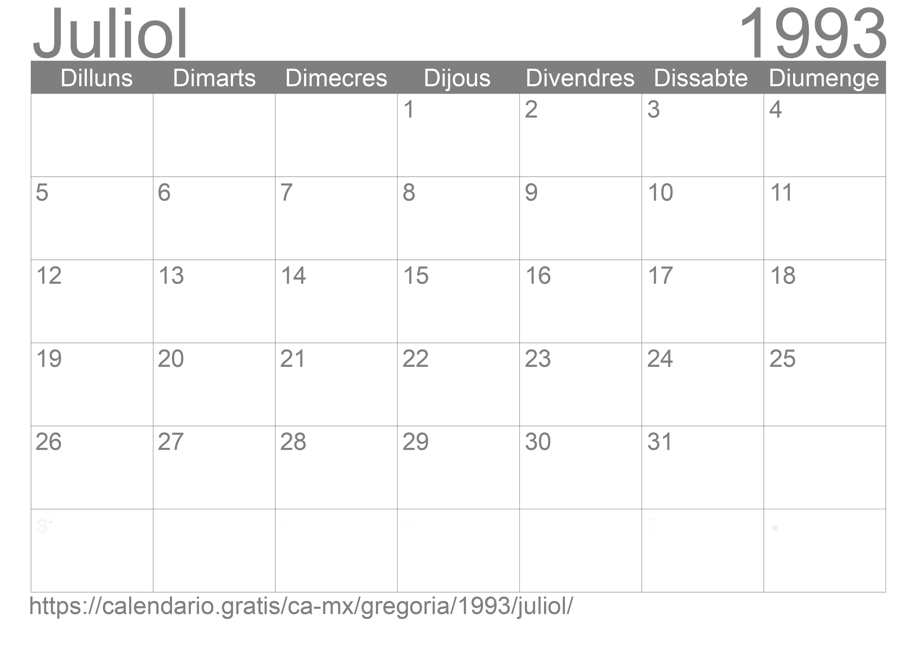 Calendari Juliol 1993 per imprimir