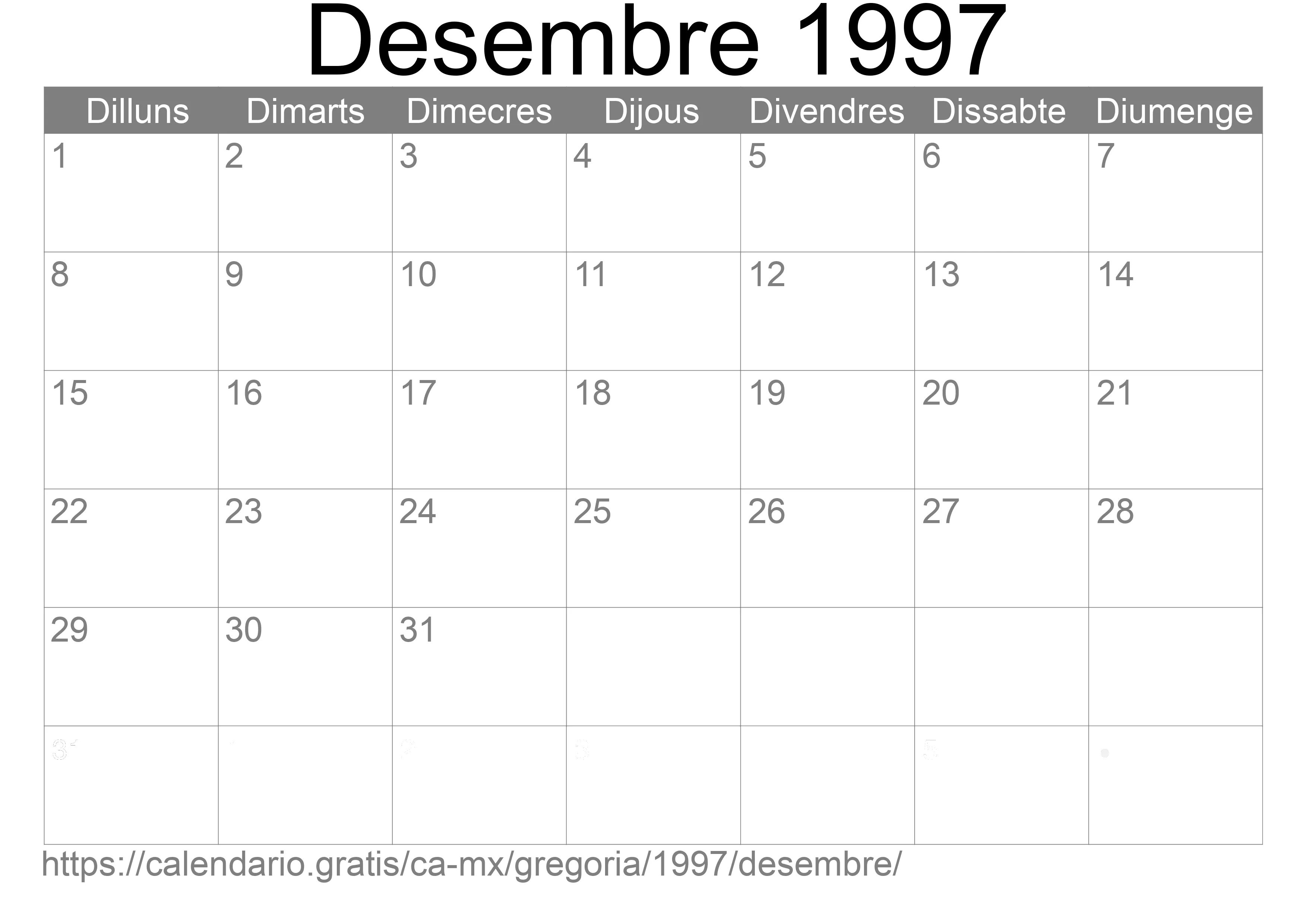 Calendari Desembre 1997 per imprimir (Mèxic)