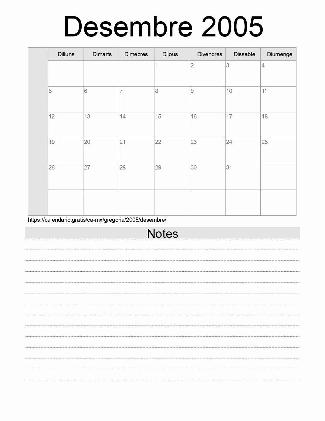 Calendari de Desembre 2005 per imprimir amb notes. (Mèxic)