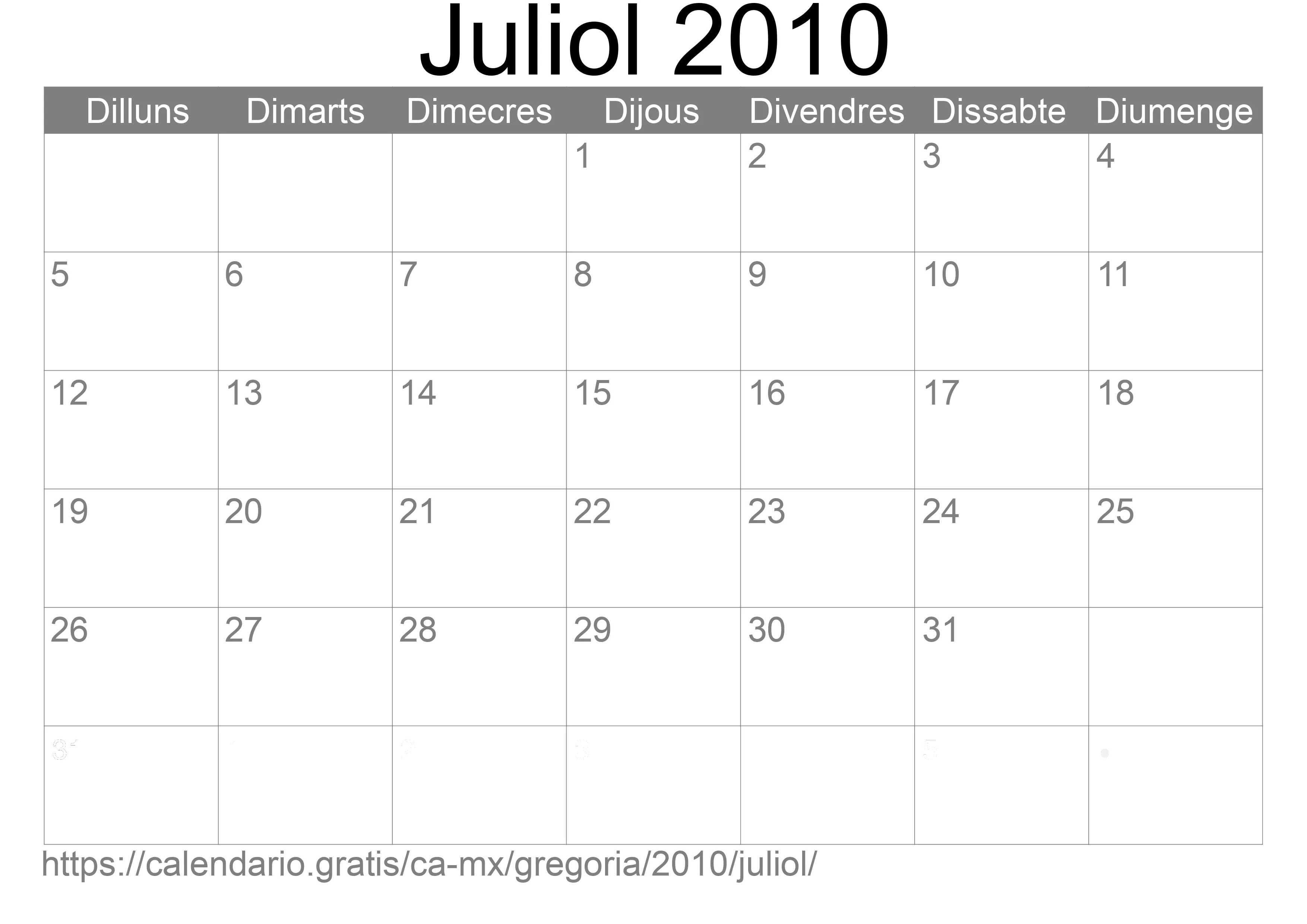 Calendari Juliol 2010 per imprimir (Mèxic)